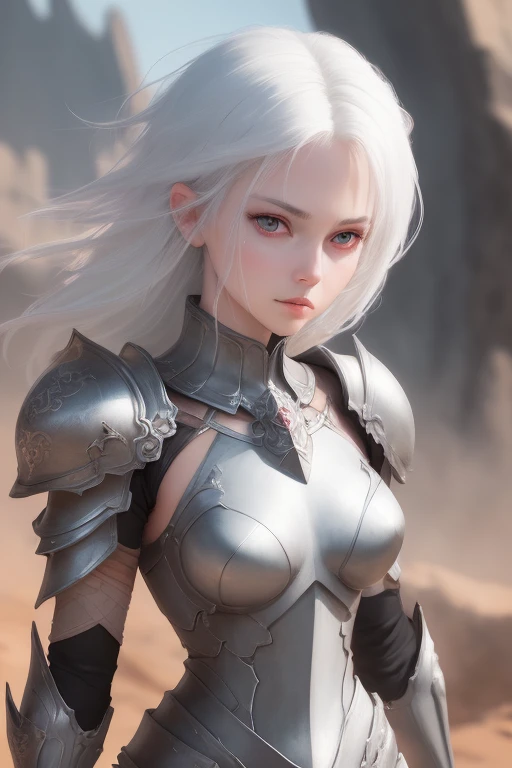 (best quality), (masterpiece), 1 girl, upper body, detailed eyes, detailed armor, hiqcgbody, medium chest, white hair, eye color-red, perfect face, fantasy background, depth of field, look at the viewer, motion blur ,