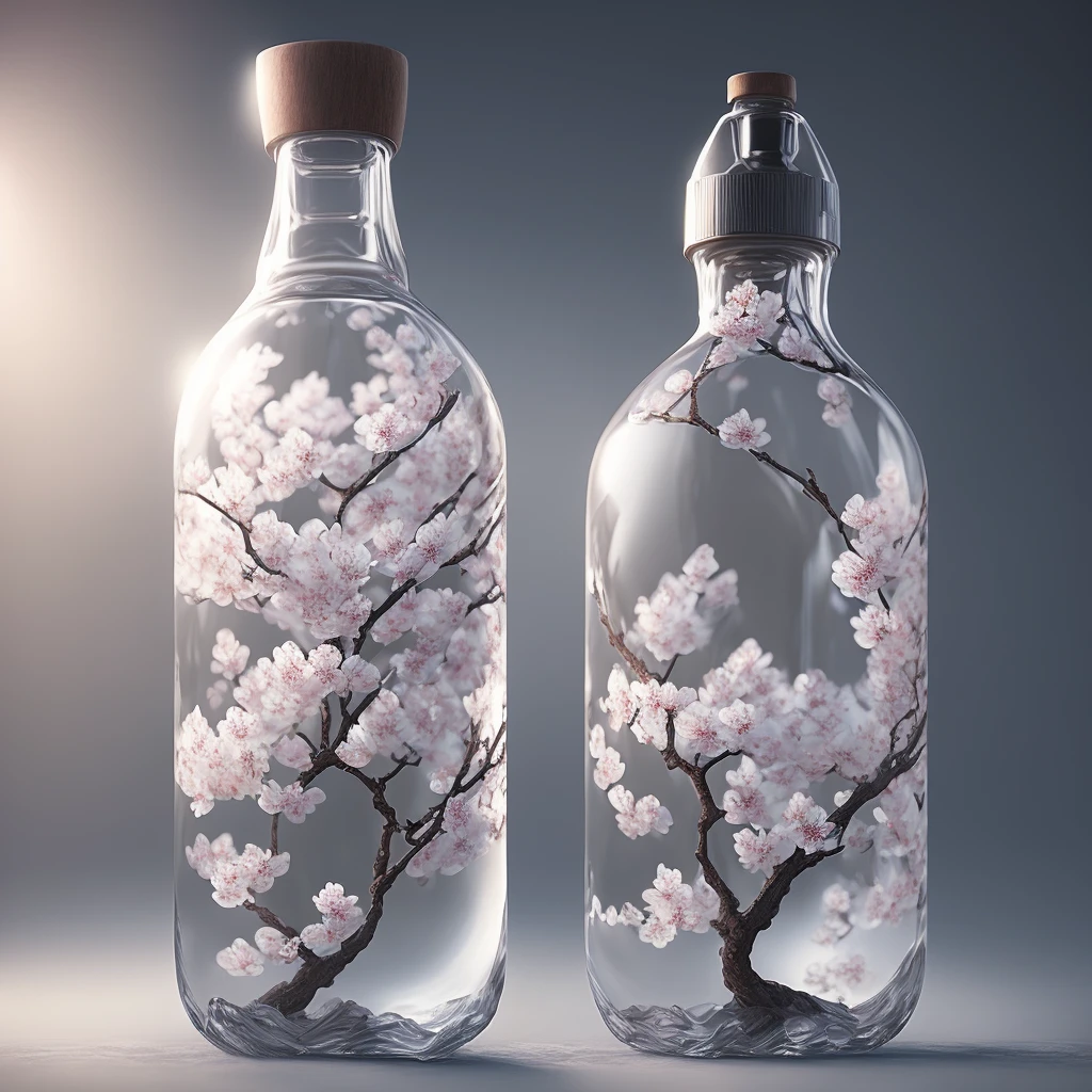 Cherry blossom tree in a bottle, fluffy, realistic, atmospheric light refraction, by lee jeffries nikon d850 film stock photograph 4 kodak portra 400 camera f1.6 lens rich colors hyper realistic lifelike texture dramatic lighting unreal engine trending on artstation cinestill 800, Style-Glass