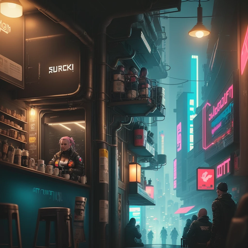 Cyberpunk, street coffee shop, many people, nice decoration