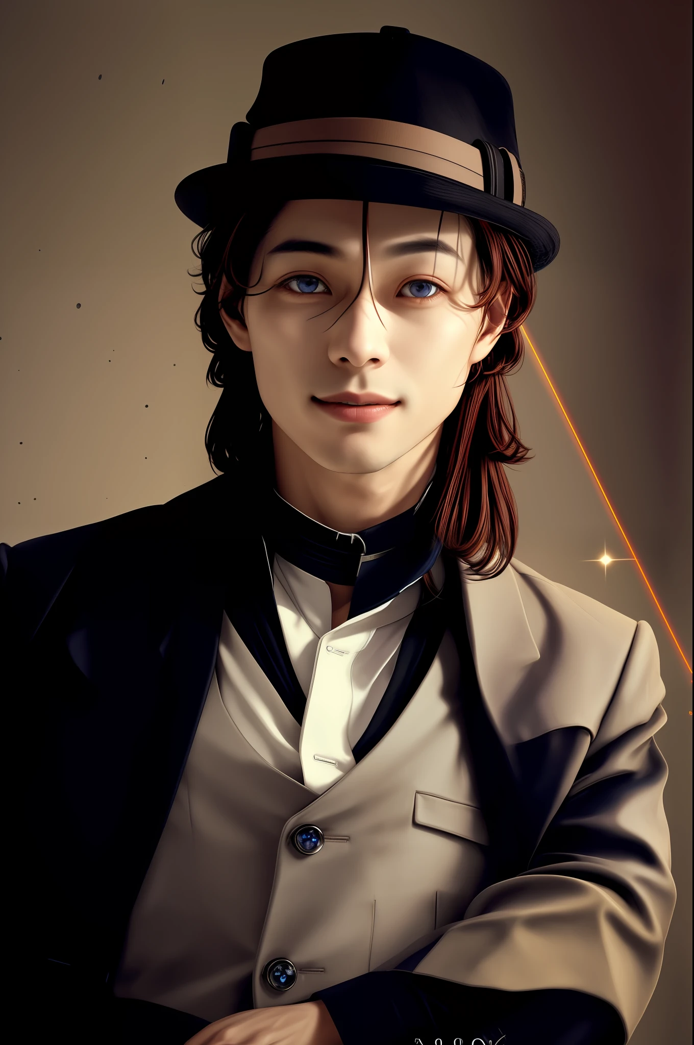 1boy, solo, (masterpiece, ultra quality, high resolution, 8k, intricate: 1.2), (detailed face:1.2), handsome, Young Korean man ,white skin, double eyelids , detailed skin, 1boy, ((realistic)), male focus, ((realistic)), ((pale skin)), , hunk, handsome,1boy, orange hair,nakahara chuuya,long hair,hat, grey eyes, choker, vest, looking at viewer, smile, fedora, jacket on shoulders, (masterpiece), (best quality:1), dynamic angle, (balanced eyes:1.6), balanced eyes,