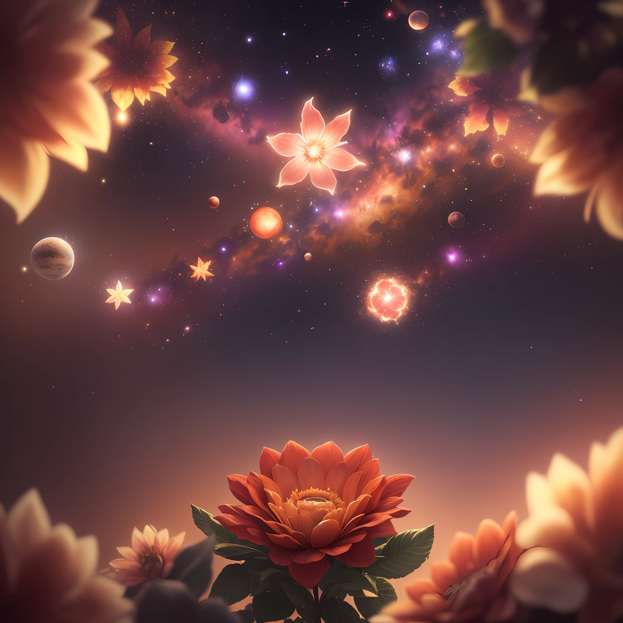 In the universe, there is a flower with nebula star clusters as leaves and planets as fruits, masterpiece, best quality, high quality, epic composition, very detailed CG unity 8k wallpaper, oil painting, award winning photography, bokeh, depth of field, hdr, chromatic aberration, photorealistic, very detailed, trending on artstation, intricate, high detail, dramatic, midway art, volumetric lighting