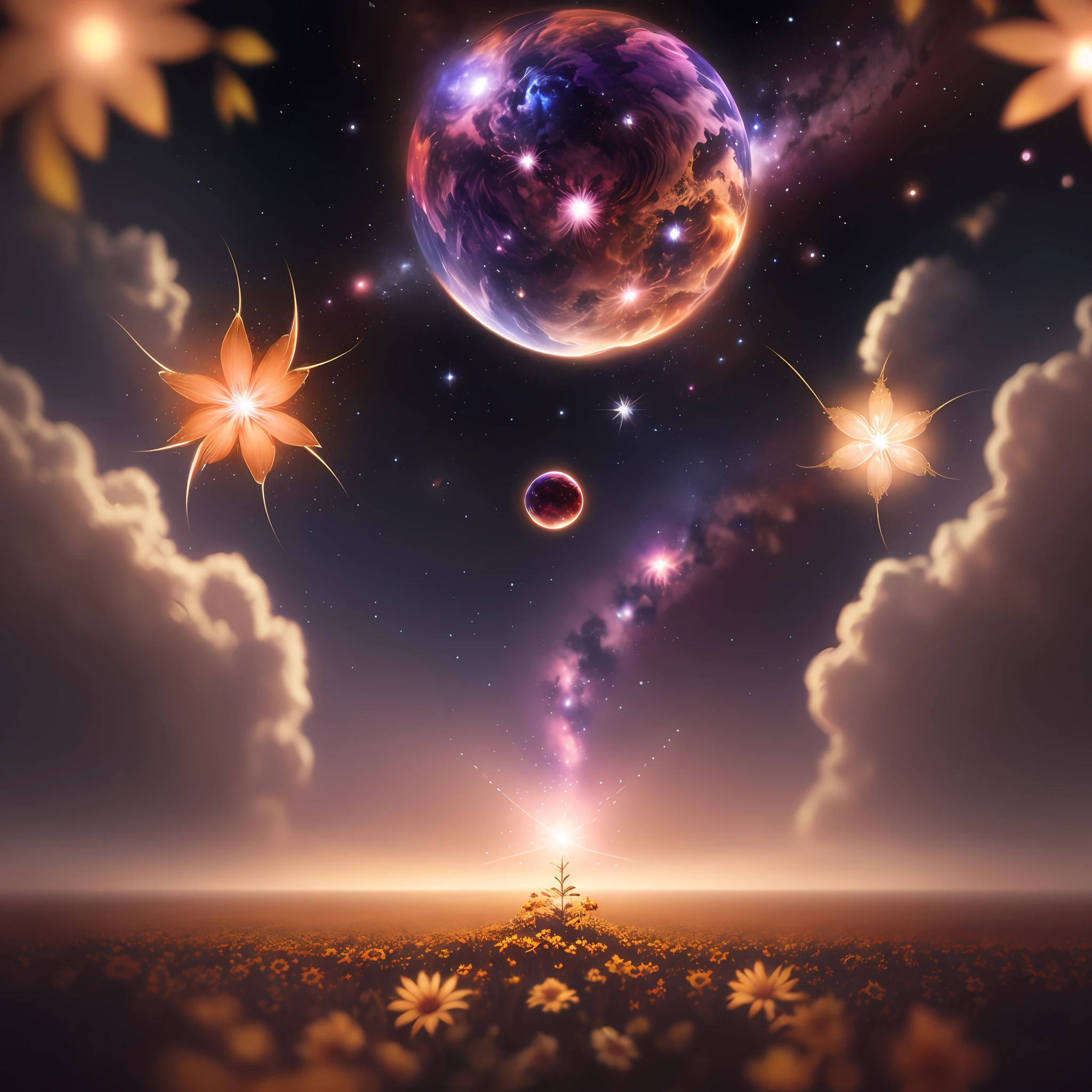 In the universe, there is a flower with nebula star clusters as leaves and planets as fruits, masterpiece, best quality, high quality, epic composition, very detailed CG unity 8k wallpaper, oil painting, award winning photography, bokeh, depth of field, hdr, chromatic aberration, photorealistic, very detailed, trending on artstation, intricate, high detail, dramatic, midway art, volumetric lighting