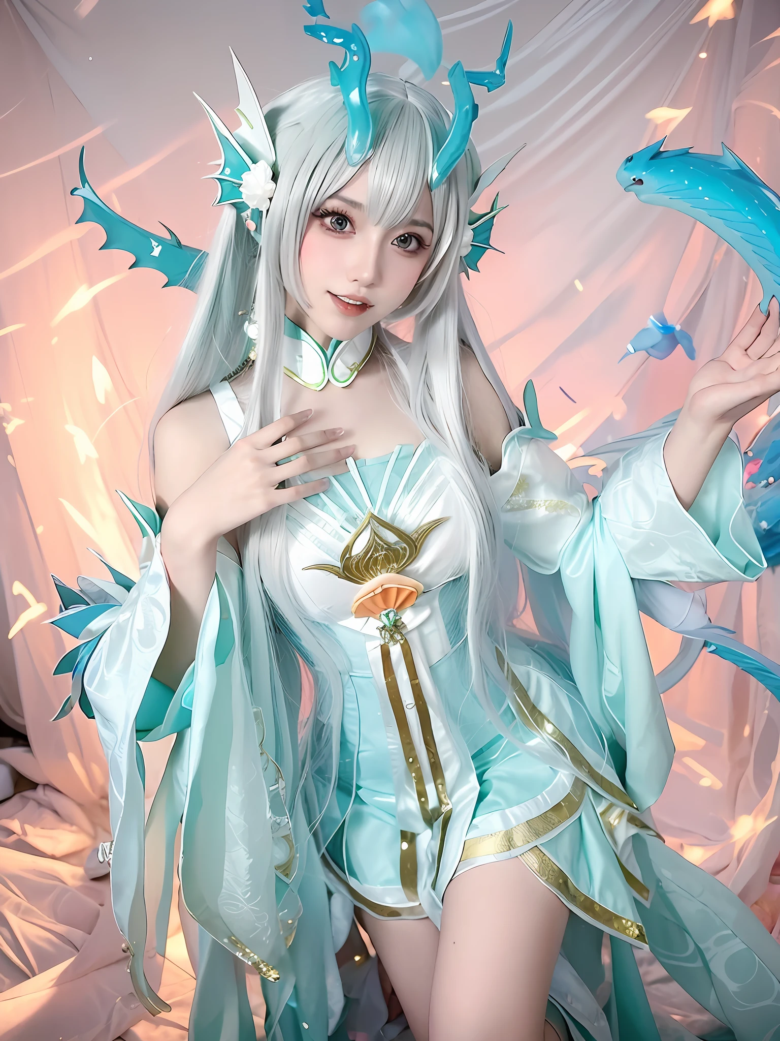 a close up of a woman in a costume with a dragon on her head, anime girl cosplay, anime cosplay, anime goddess, hatsune miku cosplay, keqing from genshin impact, elegant glamourous cosplay, ornate cosplay, cosplay photo, cosplayer, cosplay, glamourous cosplay, anime character; full body art, white haired deity, professional cosplay