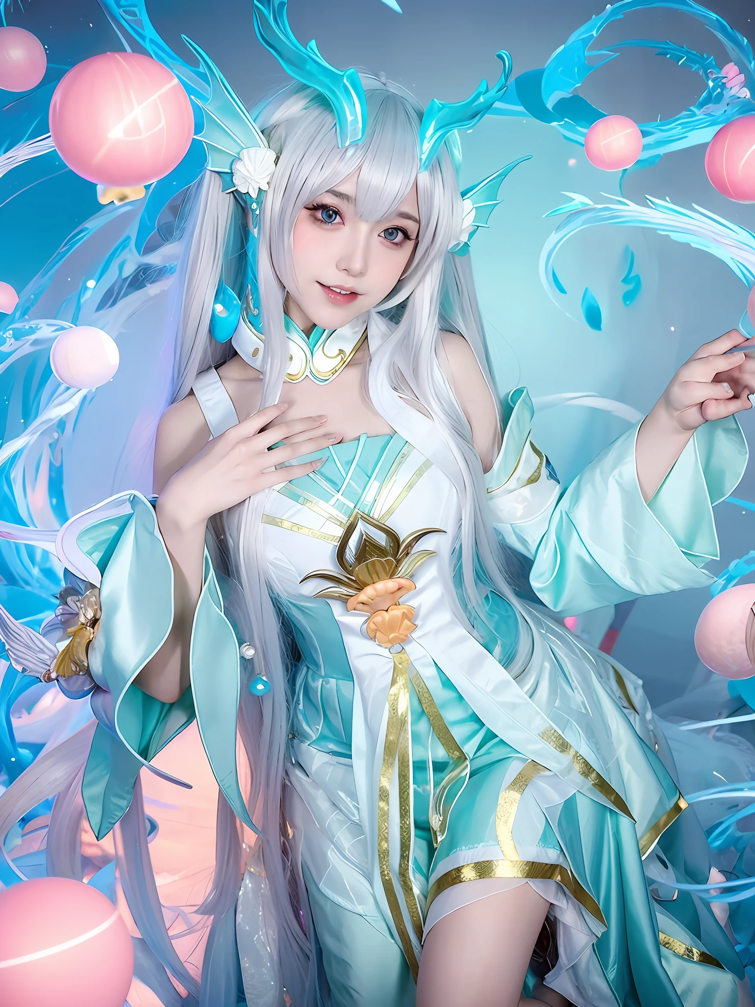 a close up of a woman in a costume with a dragon on her head, anime girl cosplay, anime cosplay, anime goddess, hatsune miku cosplay, keqing from genshin impact, elegant glamourous cosplay, ornate cosplay, cosplay photo, cosplayer, cosplay, glamourous cosplay, anime character; full body art, white haired deity, professional cosplay