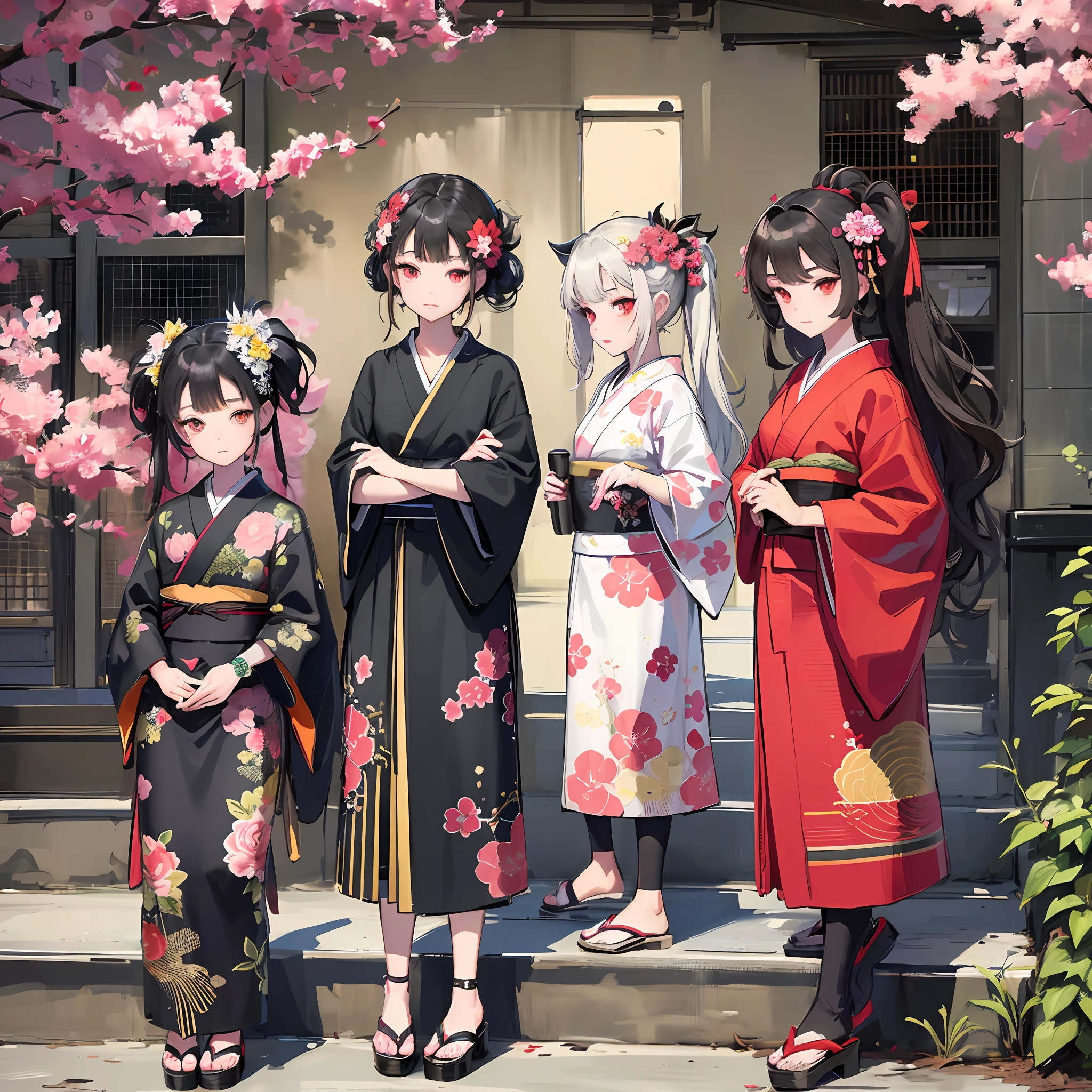 ((masterpiece, best quality)), 2 girls, black kimono, black leggings, black headband, black hair, cherry blossoms, day, flower, bowknot, headband, day clothes, kimono, long hair, looking more girl, obi, red eyes, red eyes, red eyes, red eyes, red eyes, ribbon, sandals, audience, stairs, standing, statue, torii, white kimono --v 6