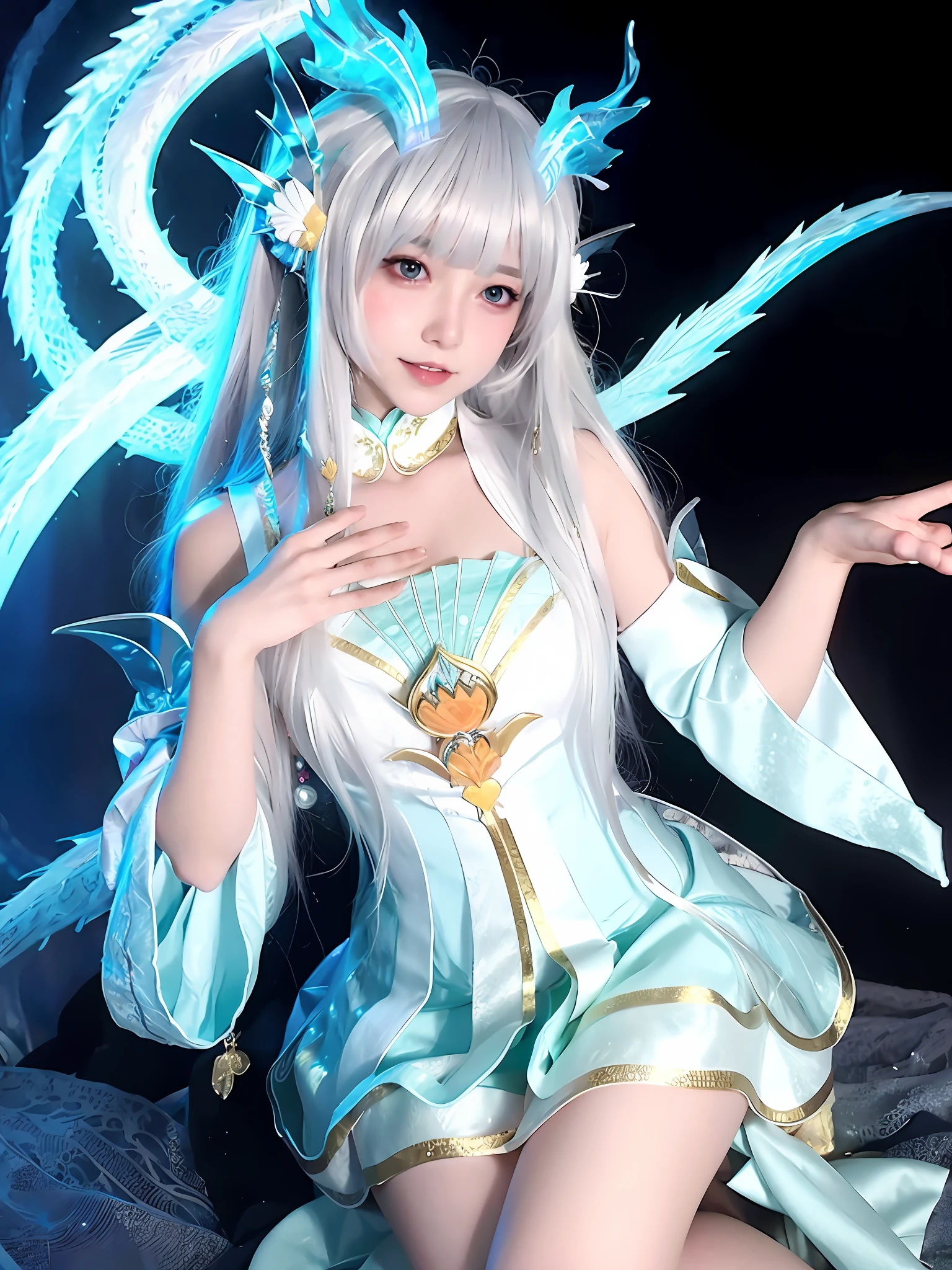 An image in anime style, a woman in a blue dress and a dragon headgear, a dragon, a white-haired god, a full body fairy, dragon girl portrait,