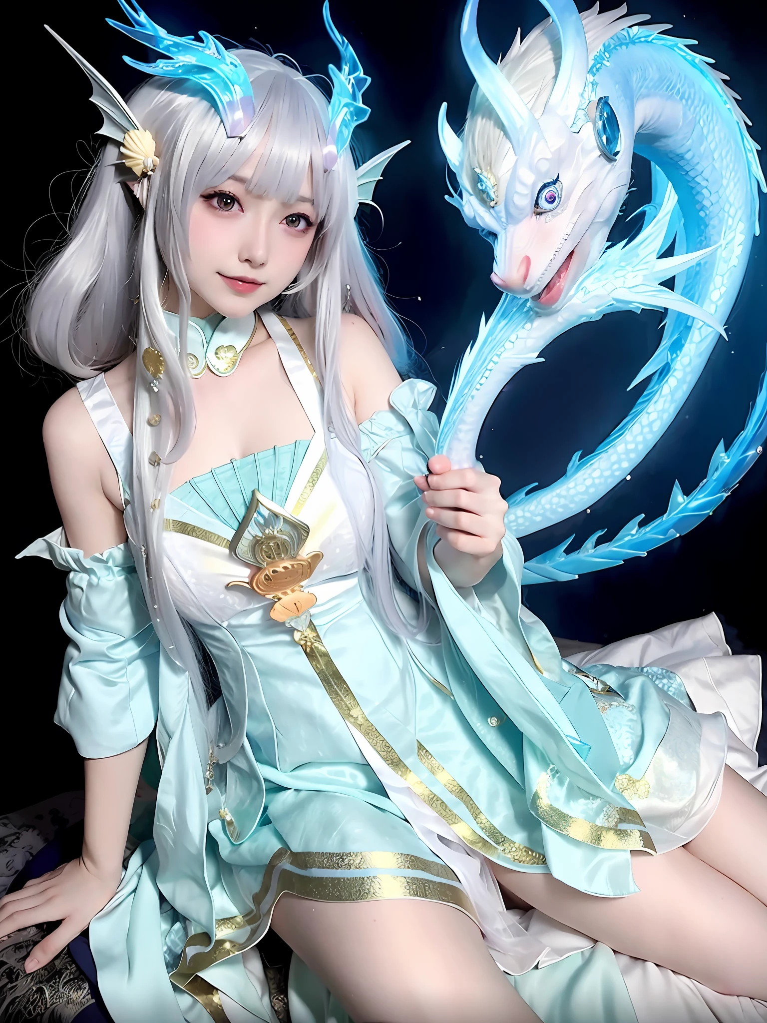 An image in anime style, a woman in a blue dress and a dragon headgear, a dragon, a white-haired god, a full body fairy, dragon girl portrait,