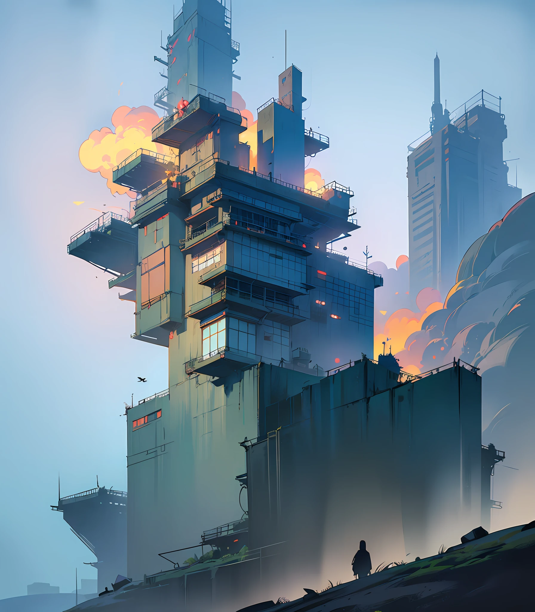 Colors (Fantasy: 1.2), (Hayao Miyazaki style), Laputa, (irregular buildings floating in the air), punk, lights, concept art inspired by Andreas Rocha, Artstation contest winner, fantasy art, ross tran, Light Shaft, Realistic Lighting, Masterpiece, High Quality, Beautiful Graphics, High Detail, Masterpiece, High Quality, Beautiful Graphics, High Detail, --v6
