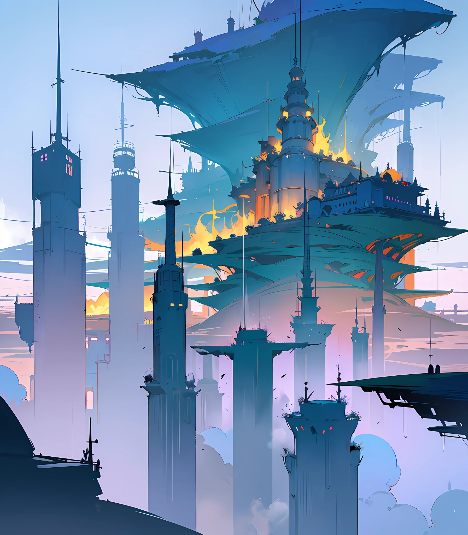 Colors (Fantasy: 1.2), (Hayao Miyazaki style), Laputa, (irregular buildings floating in the air), punk, lights, concept art inspired by Andreas Rocha, Artstation contest winner, fantasy art, ross tran, Light Shaft, Realistic Lighting, Masterpiece, High Quality, Beautiful Graphics, High Detail, Masterpiece, High Quality, Beautiful Graphics, High Detail, --v6