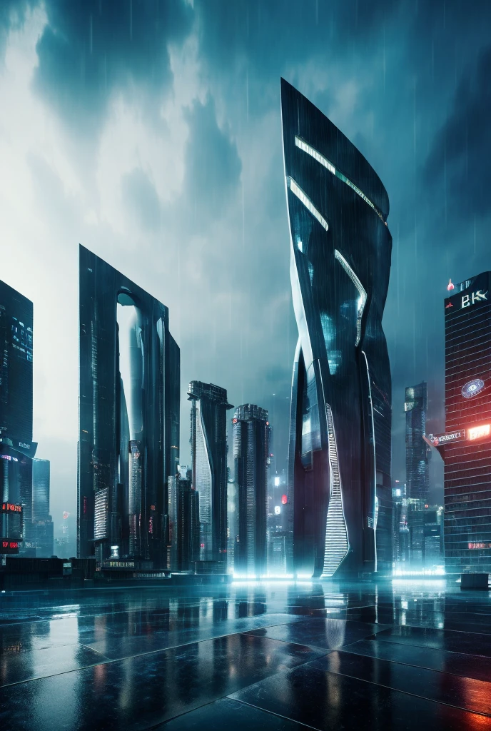 ((masterpiece, best quality)), 8k, modern architecture style, photo realistic, hyper detailed photo, clean sky, ruined city, cyberpunk,night,rain, jakarta, wide shoot