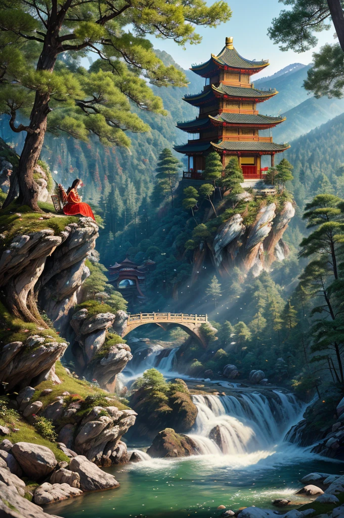 Generate an image of a beautiful girl sitting on a crumbling wall, surrounded by tall pine trees and a river flowing nearby, with misty mountains and lush greenery in the background. The fairy is wearing a red traditional Chinese dress and smiling at the camera, her face illuminated by the morning sunlight filtering through the trees.
(Chinese-style architecture),(Chinese architecture),(raw photo:1.2), (photorealistic:1.4), absurdres, incredibly absurdres, huge filesize , ultra-detailed, highres, extremely detailed,best quality ,masterpiece, illustration, an extremely delicate and beautiful, extremely detailed ,CG ,unity ,8k wallpaper, Amazing, finely detail, masterpiece,best quality, pureerosface_v1,ulzzang-6500-v1.1,