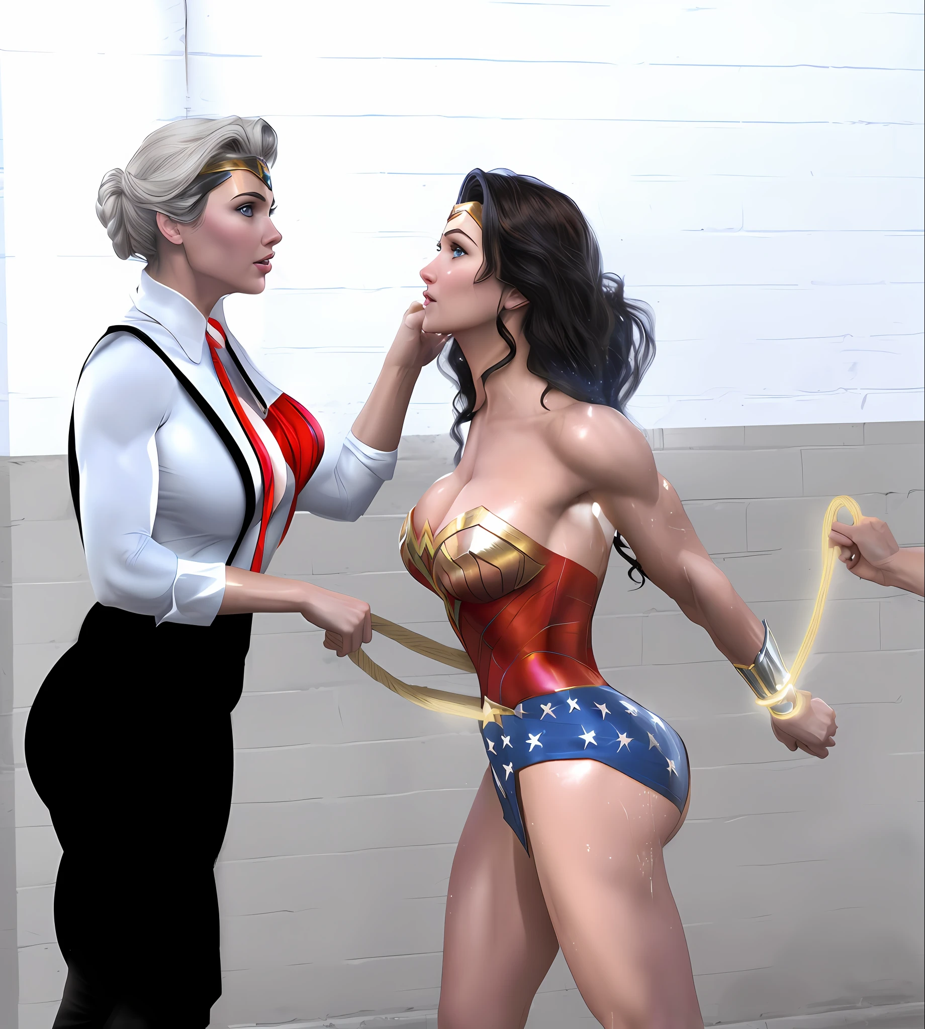 Great scene, heroic scene, lasso, Wonder Woman, powerful scene, comic pin-up style, (Linda Carter Wonder Woman (realistic blue eyes, dark hair, long hair) posing heroically dressed as Wonder Woman), rendering , Wayne England, strangling ropes, comical digital art, bodybuilder superhero bikini, Wayne Reynolds, natural skin texture, slightly suntanned, muscular, (big breasts:1.3) thin waist, (perfect big ass and wide hips:1.2 ), (detailed skin), (detailed skin), (wet skin), sweating, (wet body), best quality, realistic, realistic, (complex detail:1.2), (delicate detail), (cinematic lighting), sharp lines , sharp focus, realistic face, detailed face, super high resolution