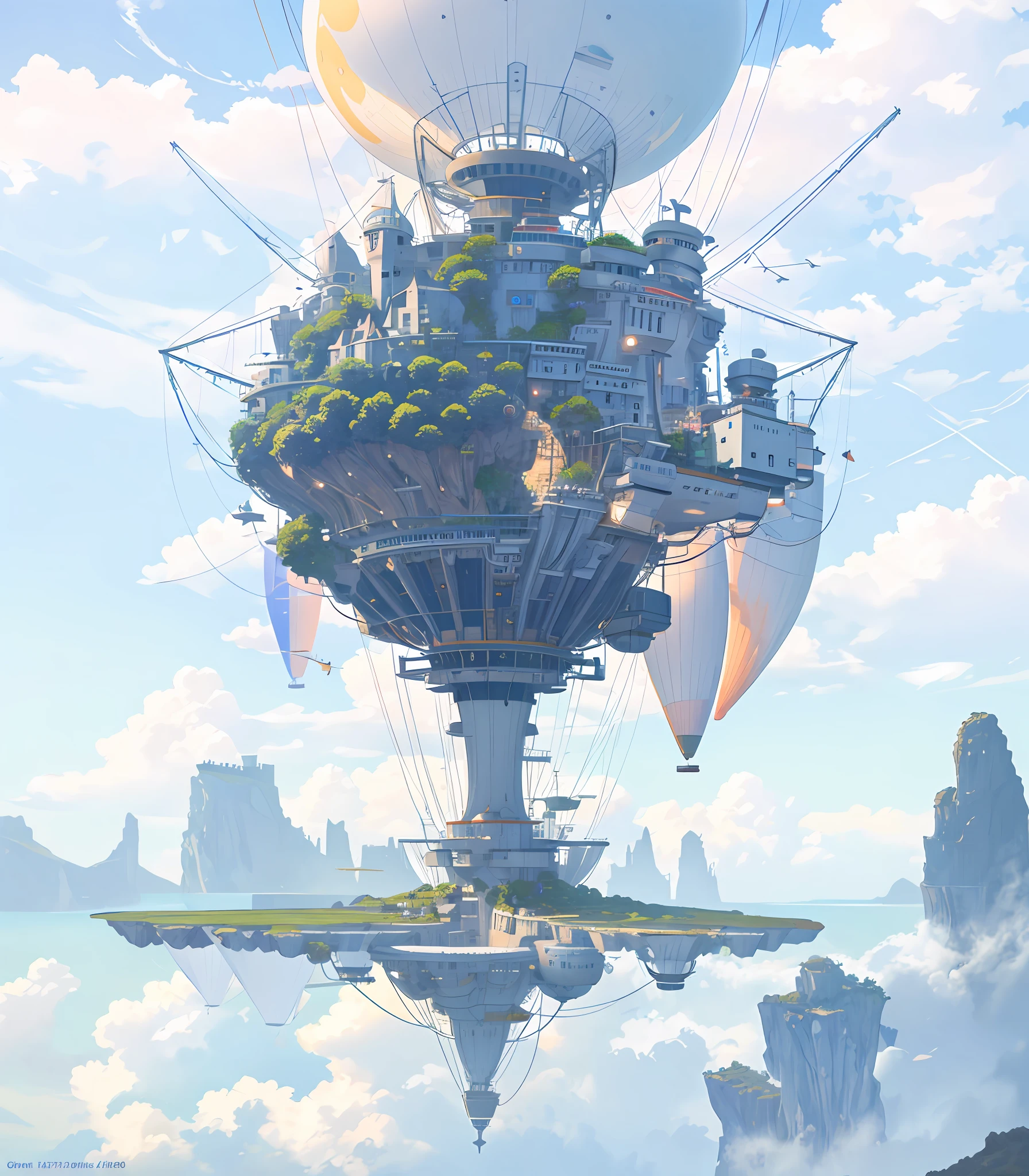 Many islands are suspended in the air with many small airships flying around, cities, fantasy, magical plants growing, extreme details, realistic light, epic composition, (complex details), (complex design, ultra-details :1.2), Art Station, (Masterpiece, Best Quality), Ultra HD, 32k --v 6