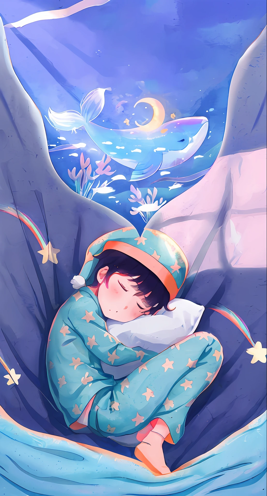 Illustration in anime style, a child sleeping in a hammock with a fish and a rainbow, dreamy illustration, dreamy night, fertility illustration, calm night. Digital Illustration, Colorful Fantasy, Fantasy Psychedelic Anime, Soft Anime Illustration, Cute Illustration, Official Fanart, High Quality Fanart, Fuzzy Fantasy Illustration, Cute Detailed Digital Art, Fantasy Art