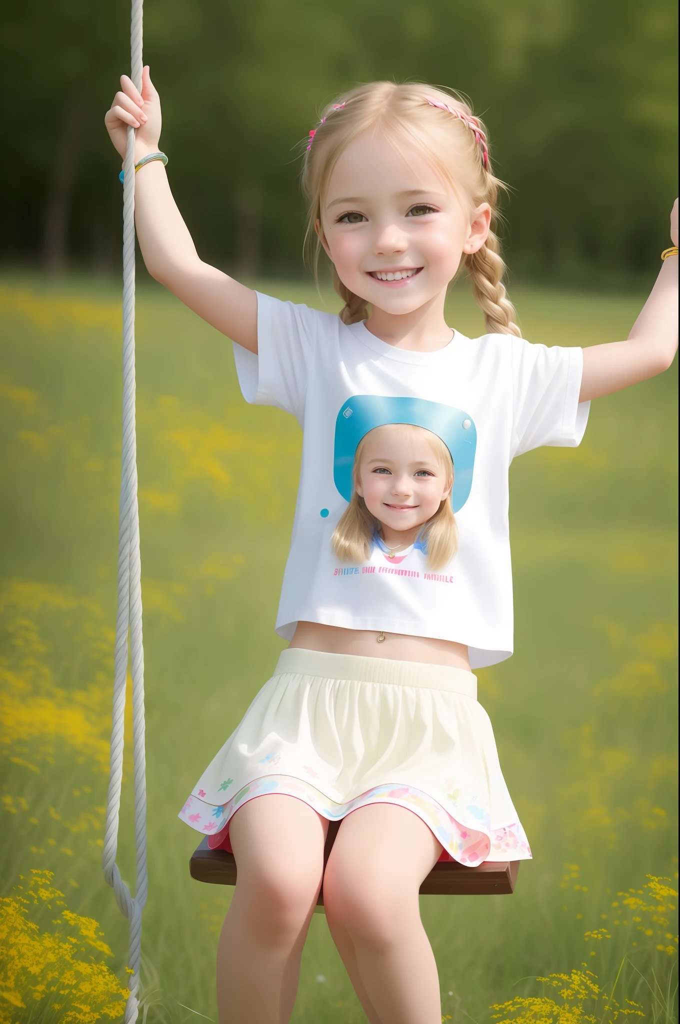 Realistic portrait of a 6 year old girl ((white skin)) cute, lovely smile, ((on swing)), wearing colorful t-shirt and short skirt, fashion, long hair braid, ((bracelet)), Background meadow wildflowers, medium shot, detailed facial details, perfect face, clarity, trendy art, sharp facial details, super fine details, 4k, 8k lighting smooth, --iso 100 dreamy, stylish--