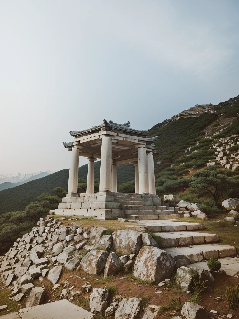 On a rocky hill with steps there is a small pavilion, a temple, a mysterious temple, monolithic temple, photographed with a Canon 20mm lens, temple, ancient temple, ancient Chinese architecture, mysterious temple setting, pillars, photographed with a Sigma 20mm f 1.4, temple in background