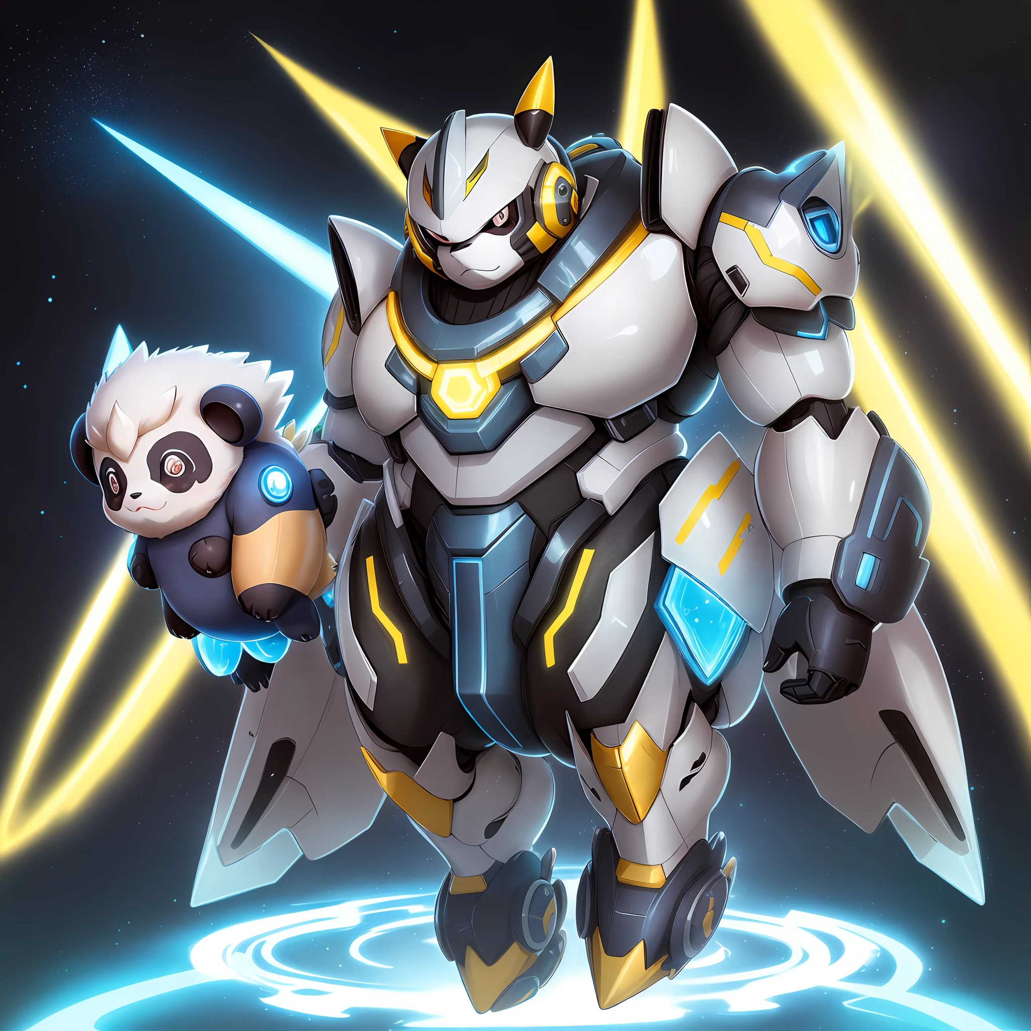 mecha pokemon, long like a panda, round and chubby, wearing a silver mecha, zentaur full body portrait, 2d full body, illustration pokemon, zeraora portrait, cute pokemon style, pokemon style, official art
