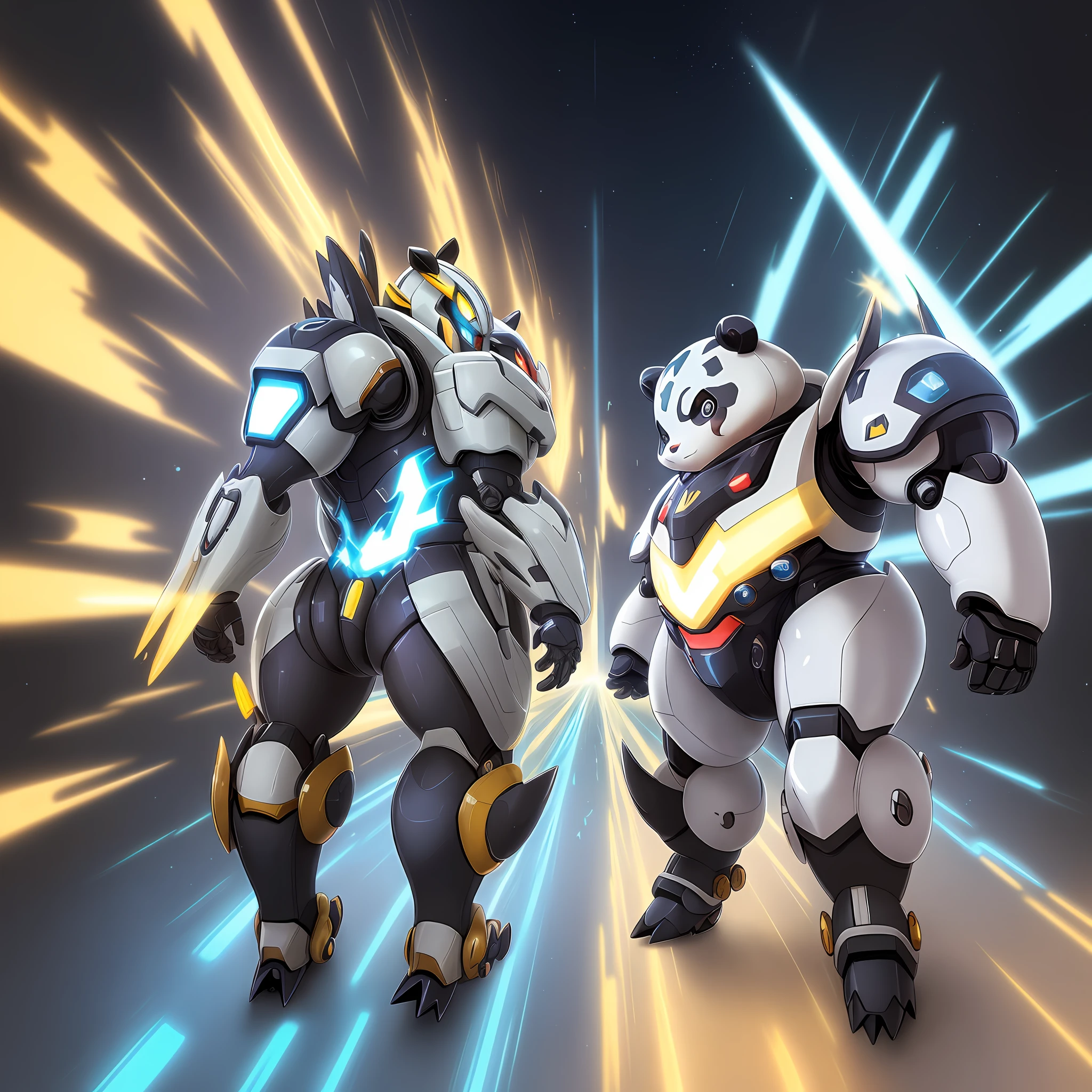 mecha pokemon, long like a panda, round and chubby, wearing a silver mecha, zentaur full body portrait, 2d full body, illustration pokemon, zeraora portrait, cute pokemon style, pokemon style, official art