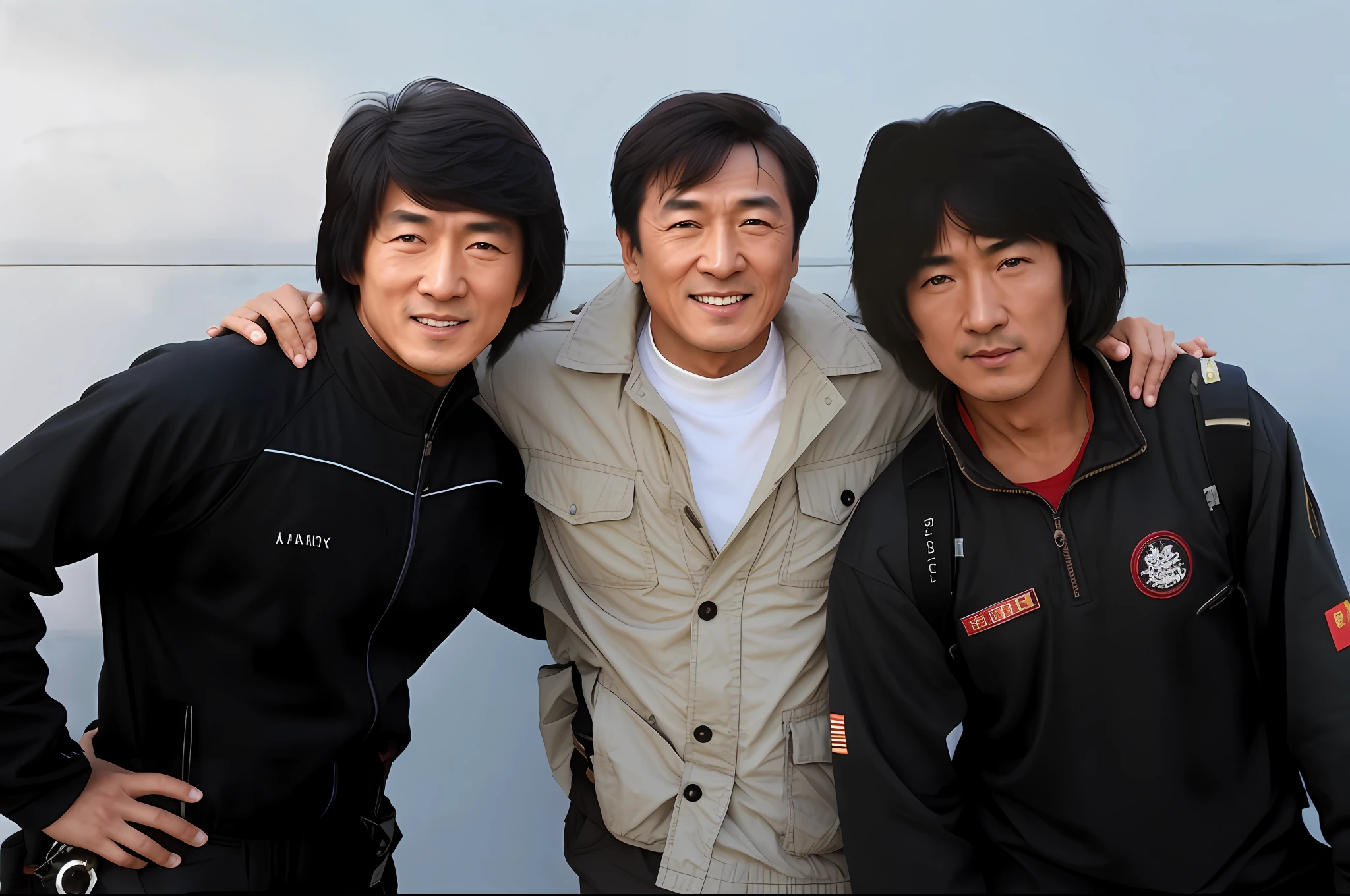 Three Asian men standing side by side in front of a wall, Jackie Chan, Jackie Chan making , [realistic photo]!!, family, hero, complex! Biopics, Jackie Chan in different periods