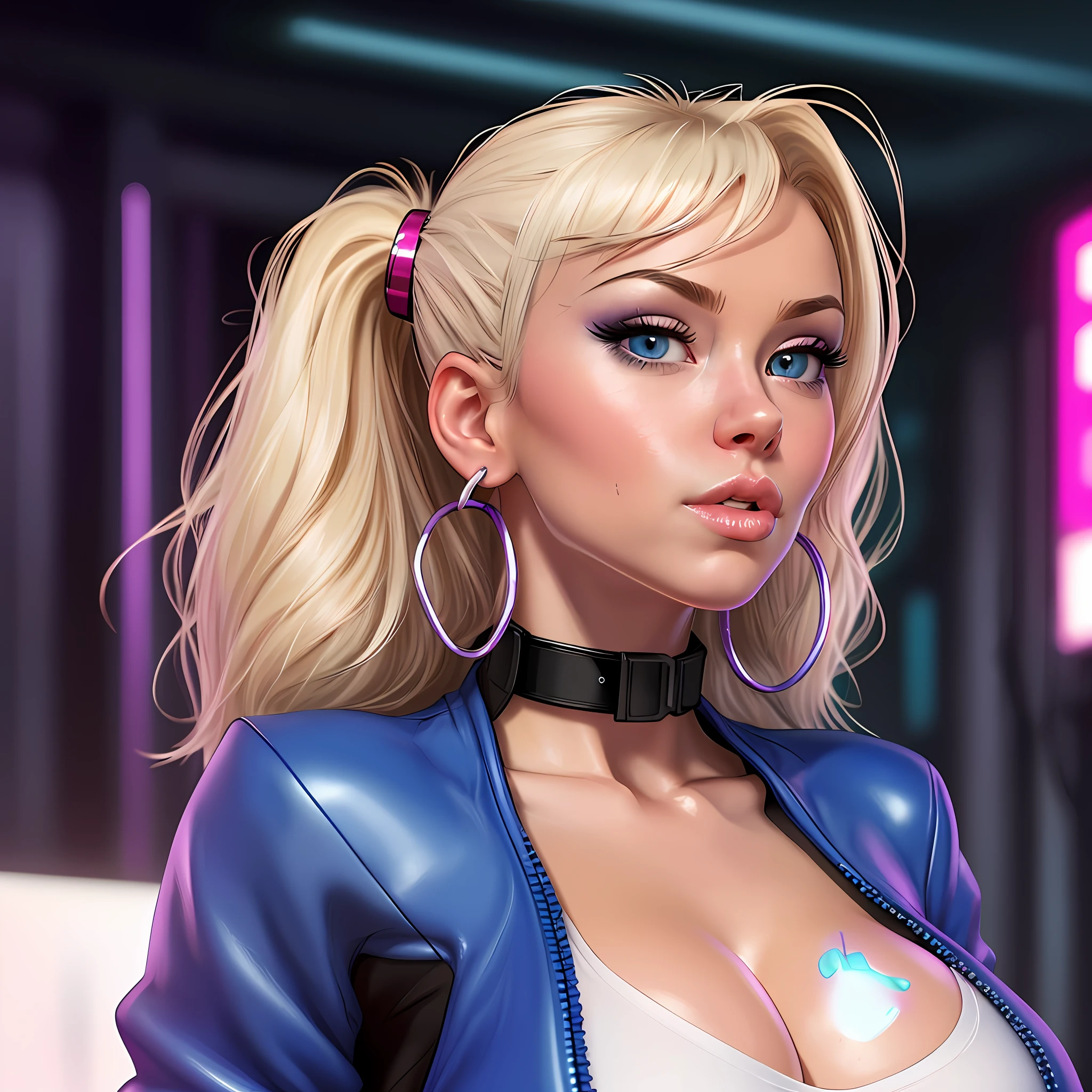 (thepit bimbo:1.2)), blue eyes, crop top, high thong, hoop earrings, detailed, skin texture, back-length hair, blonde hair, beestung lips, symmetric, centered, closeup, upper body, cleavage focus, collar, mini jacket, looking at viewer, kneesocks, 8k, highly detailed, glossy, [Nina Dobrev|Emma Stone], photo-realistic, cyberpunk. pout
