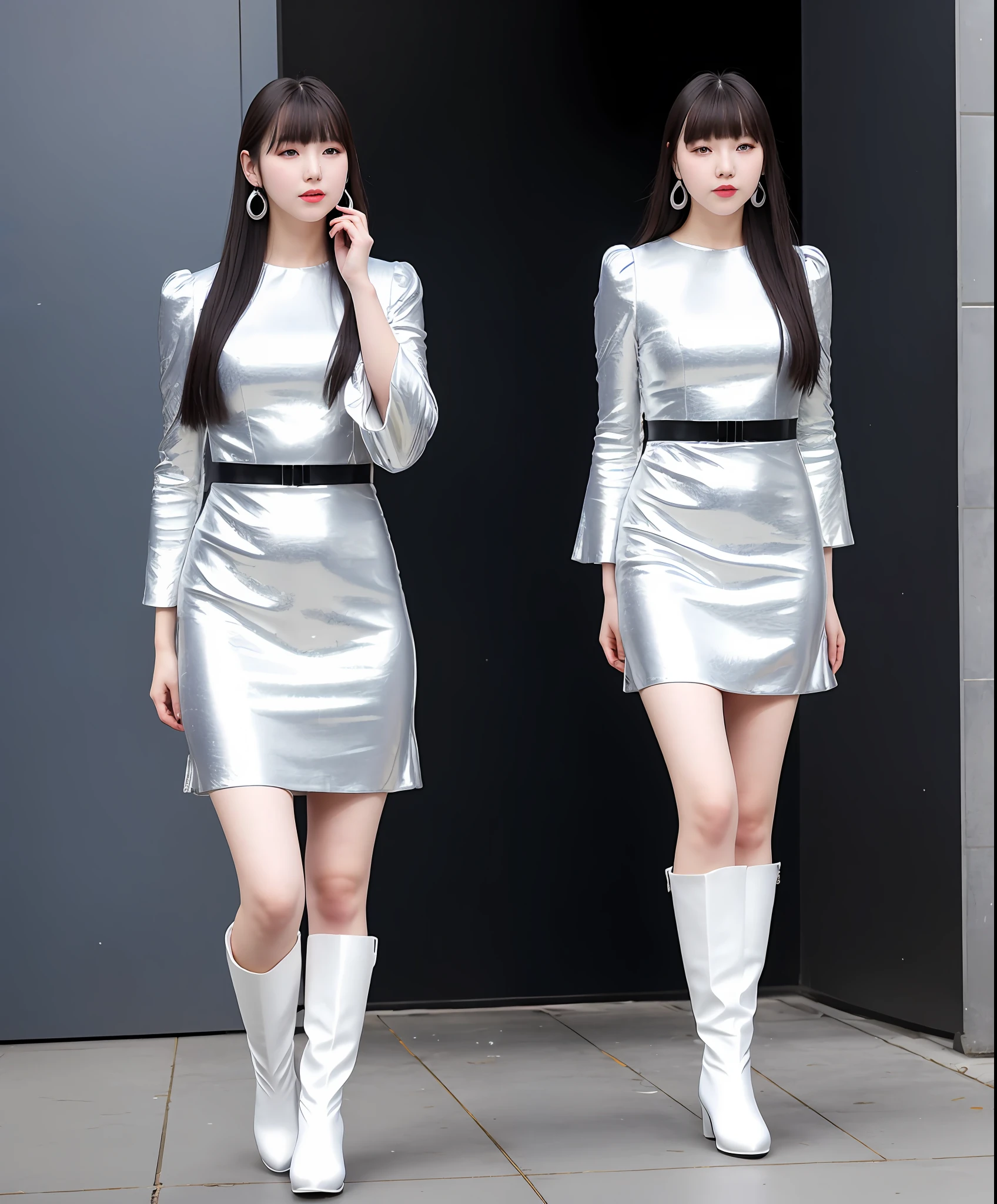 yerin is wearing a silver one sleeve dress with white boots on her feet, long black hair, bangs, ((full body)), earrings, super realistic lifelike textured dramatic lighting