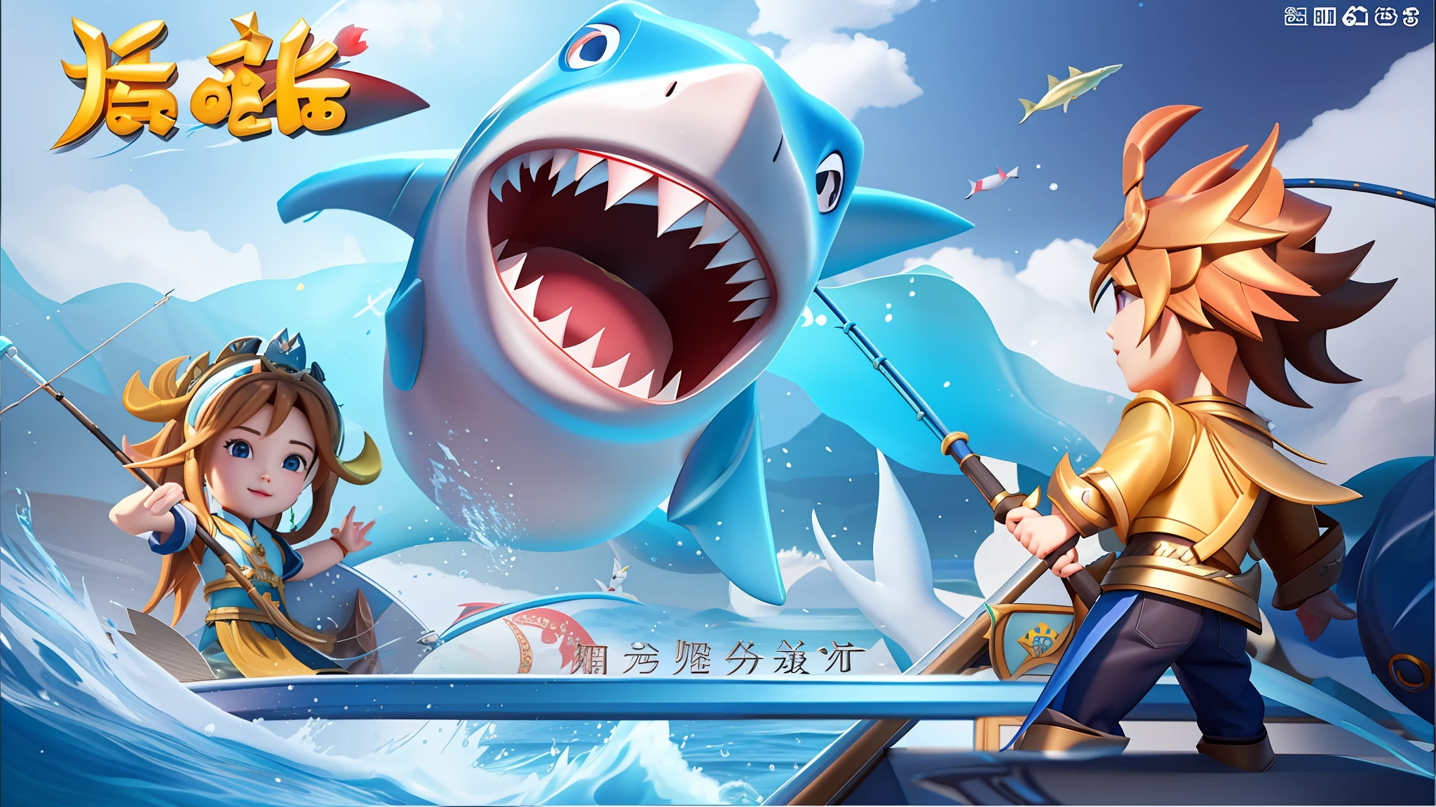 a close up of a cartoon shark with a person on a boat, mobile game style, mobile game art, mobile game, game cg, queen of the sea mu yanling, loading screen, 3 d icon for mobile game, gameplay, magical fishing rod weapon, splash screen art, by Qu Leilei, game screen, fishing, giga, splash screen, lu ji