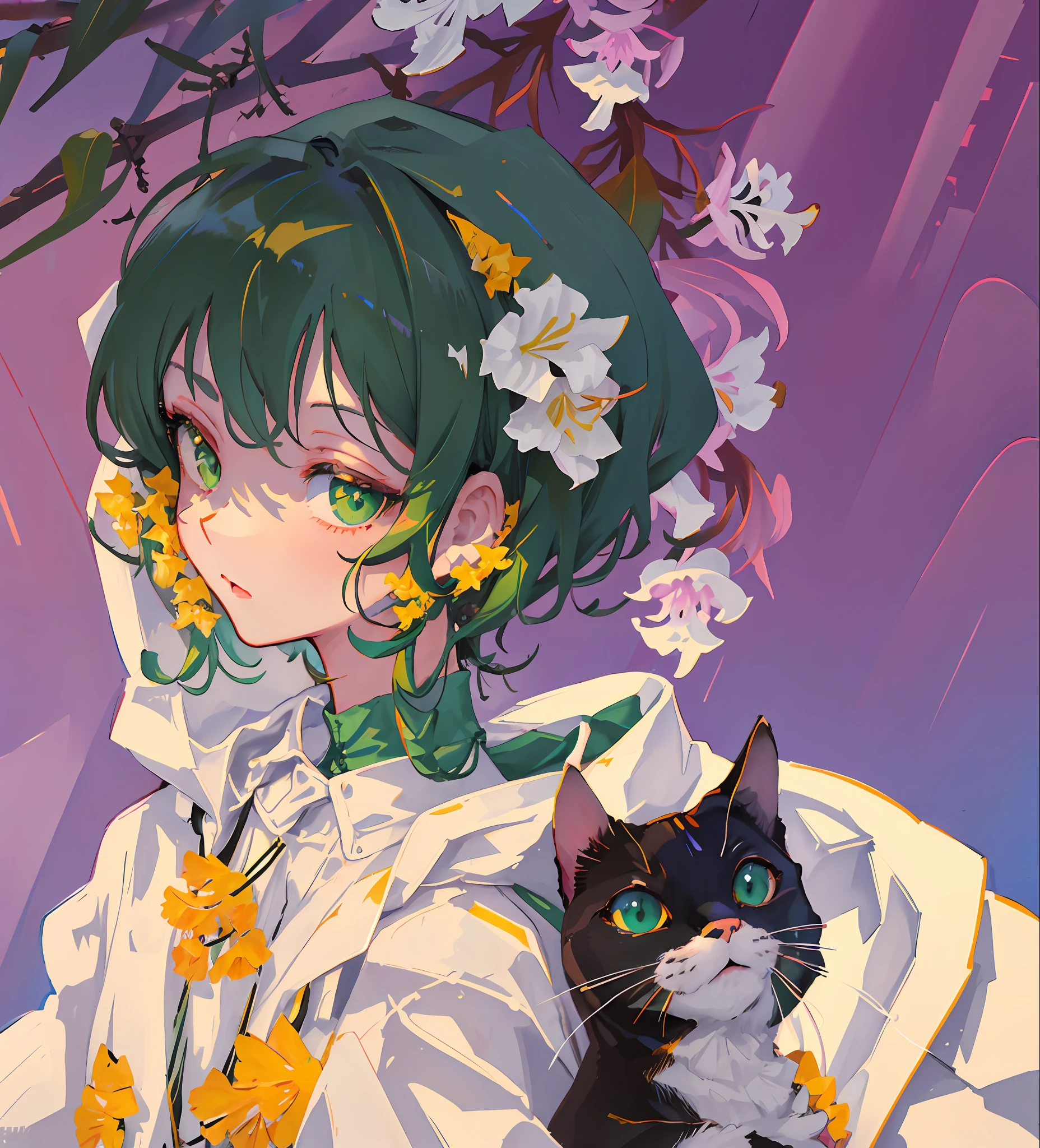 Masterpiece, (extreme), super detailed, illustration, portrait, looking at viewer, 1 girl, white raincoat, (green short hair), (cat ears), green eyes, hyacinth, girl holding a cat