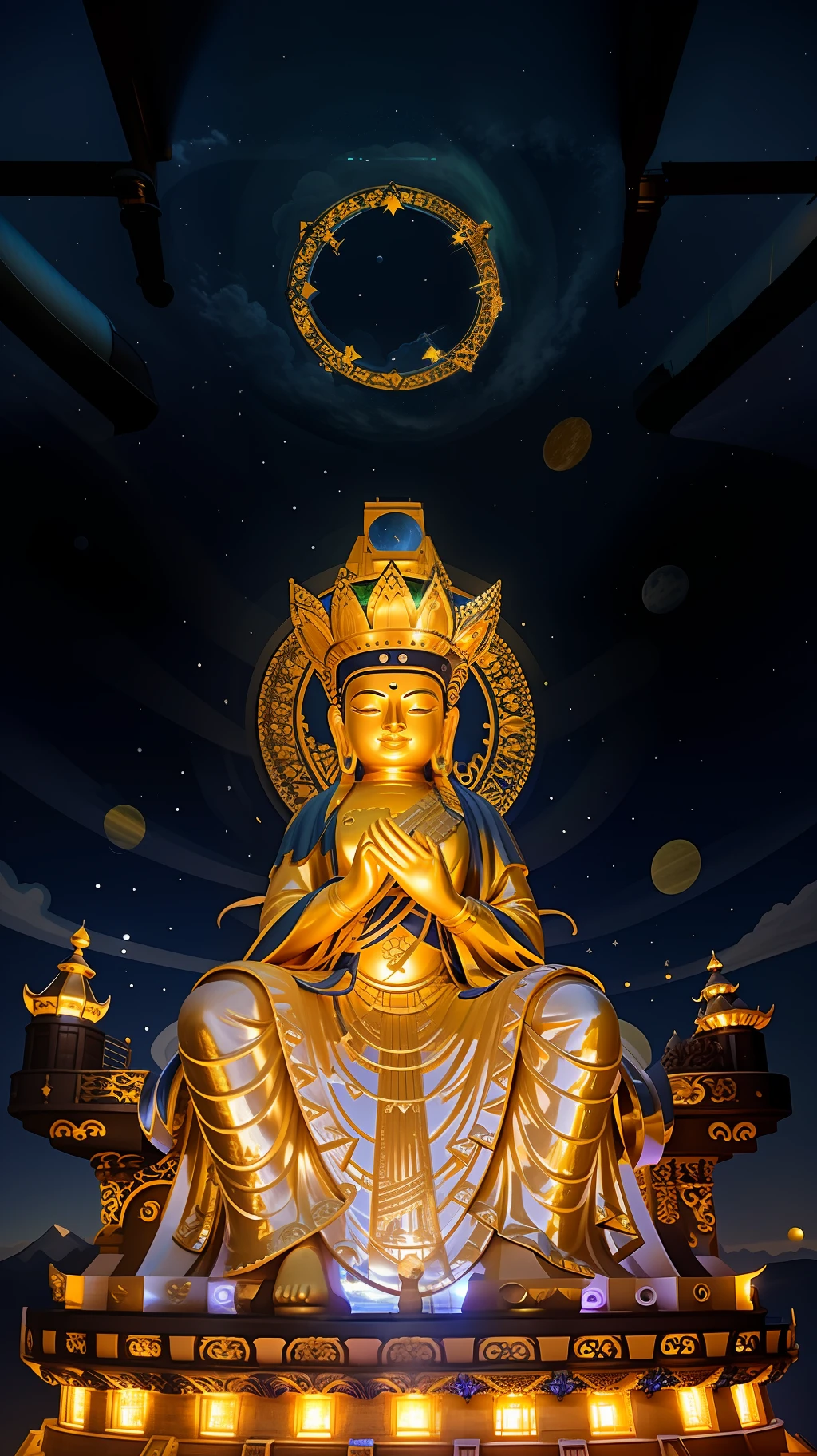 Maitreya, Maitreya Buddha, Maitreya, a large golden Buddha statue sitting in a room with a blue ceiling and a background of blue sky, clouds, above_clouds, airship, aurora, bridge, building, castle, chimney, city, city_lights, cityscape , clock, clock tower, clouds, cloudy sky, constellations, crescent, desert, earth_\(planet\), fireworks, floating islands, fountains, galaxies, glowing, houses, islands, lampposts, lanterns, light particles , galaxy, moon, mountain, night, night sky, no_humans, planet, landscape, meteor, sky, skyline, skyscraper, snow, snowing, space, star_\(sky\), star_\(symbol\), starry_sky, starry_sky_print, telescope, tower, town, twilight, ship
