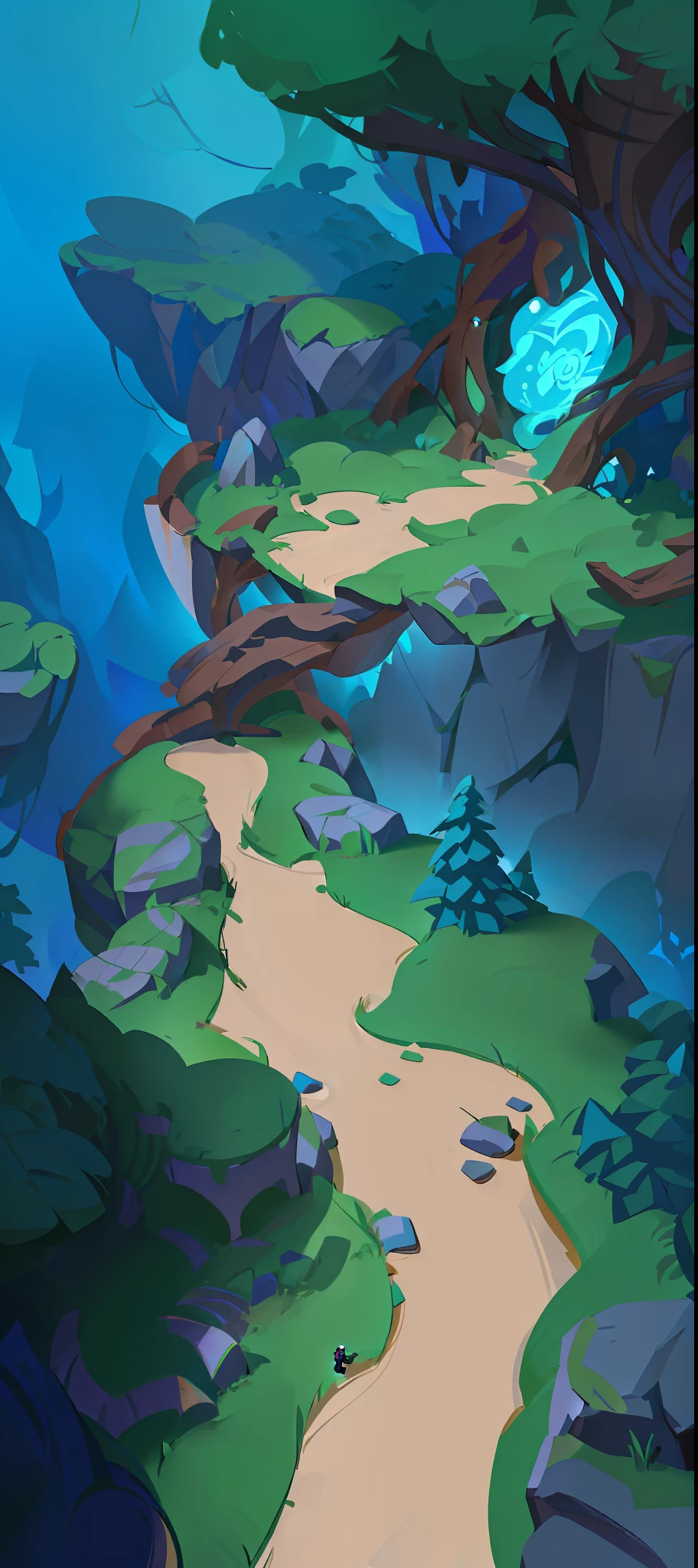 there is a cartoon picture of a path going through a forest, stylized concept art, stylized game art, painted as a game concept art, odin's stone arena background, background art, 2 d game environment design, stylized shading, stylized painting, detailed game art, cave background, stylized art, 3 d render stylized, mobile game art