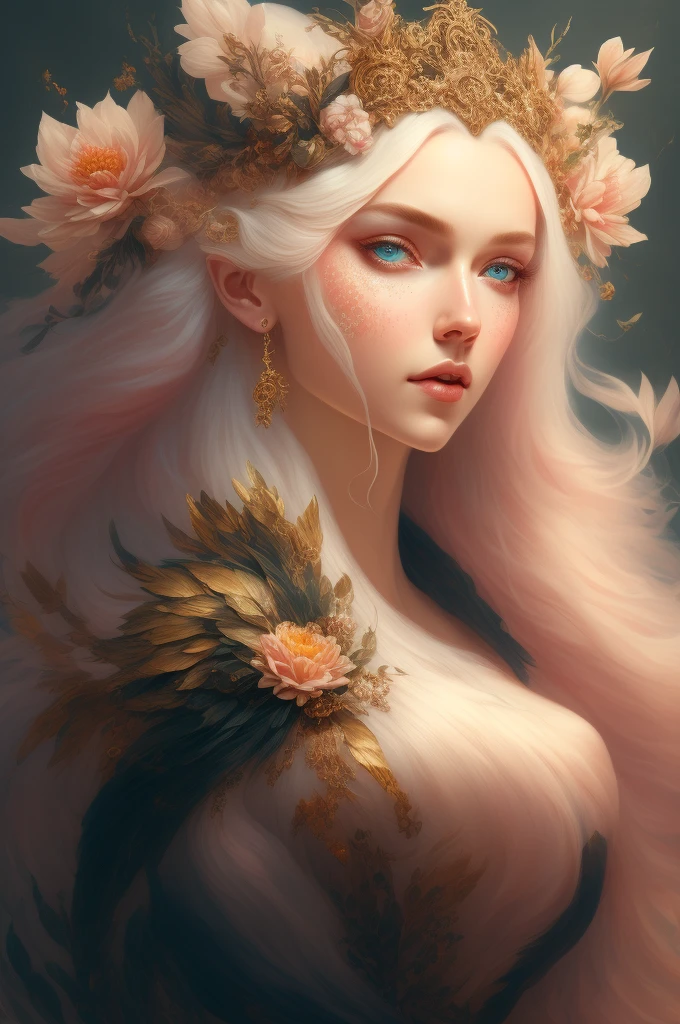 A painting of a woman with long white hair and flowers in her hair ...
