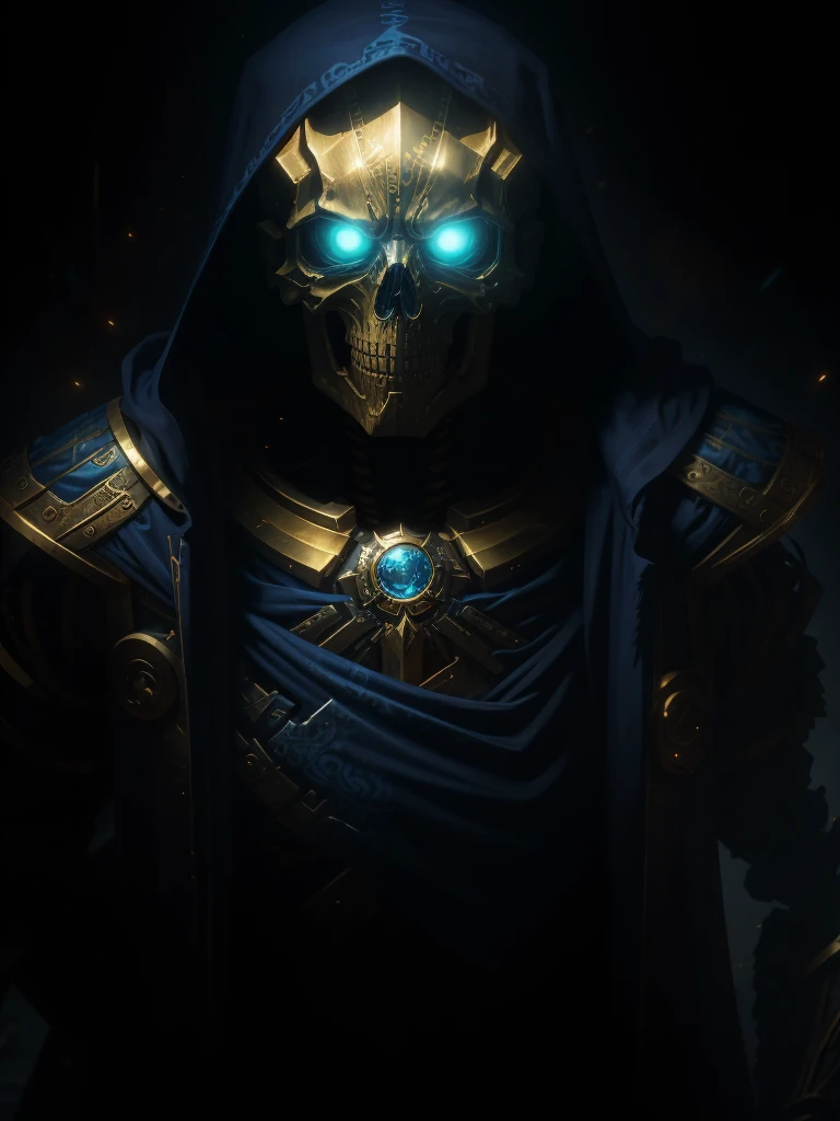 Movie scene, close-up shot of the half-length of the skeleton mage, he is wearing a blue robe, (bright gold head ring: 2), rotted to the point where only the skeleton remains, releasing death ripples, distorted space, the background is distorted undead, the lens Flares, light shafts, intricate details, highly detailed, volumetric lighting, 4k rendering, gorgeous and beautiful reflections, hyper realistic, realistic textures, dramatic lighting, Unreal Engine