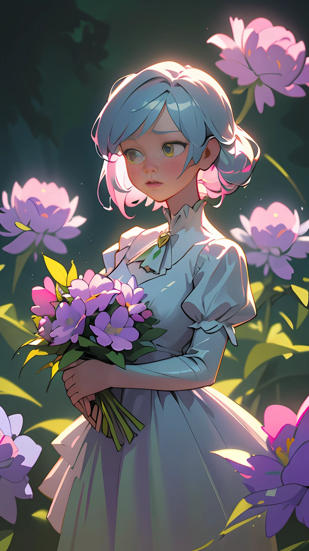 Extremely detailed CG masterpiece, stunningly beautiful and delicate "Flower Girl" with multicolored hair, (blue: 1.3|pink|silver: 1.3|yellow: 1.3|green: 1.3|purple), wearing a lovely white dress with ruffles and bows, surrounded by blooming flowers, in a serene and dreamy atmosphere with soft focus, depth of field and Volumetric light,3D art,in the style of unreal engine 5