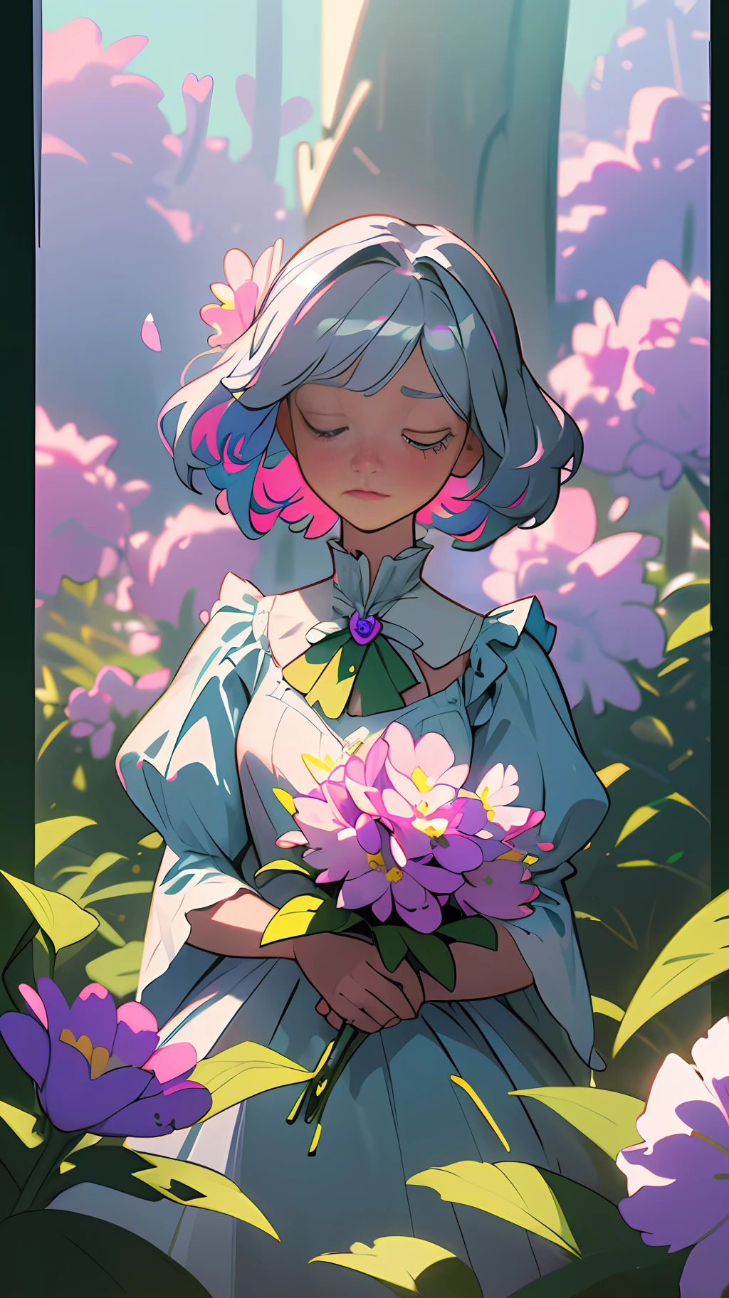 Extremely detailed CG masterpiece, stunningly beautiful and delicate "Flower Girl" with multicolored hair, (blue: 1.3|pink|silver: 1.3|yellow: 1.3|green: 1.3|purple), wearing a lovely white dress with ruffles and bows, surrounded by blooming flowers, in a serene and dreamy atmosphere with soft focus, depth of field and Volumetric light,3D art,in the style of unreal engine 5