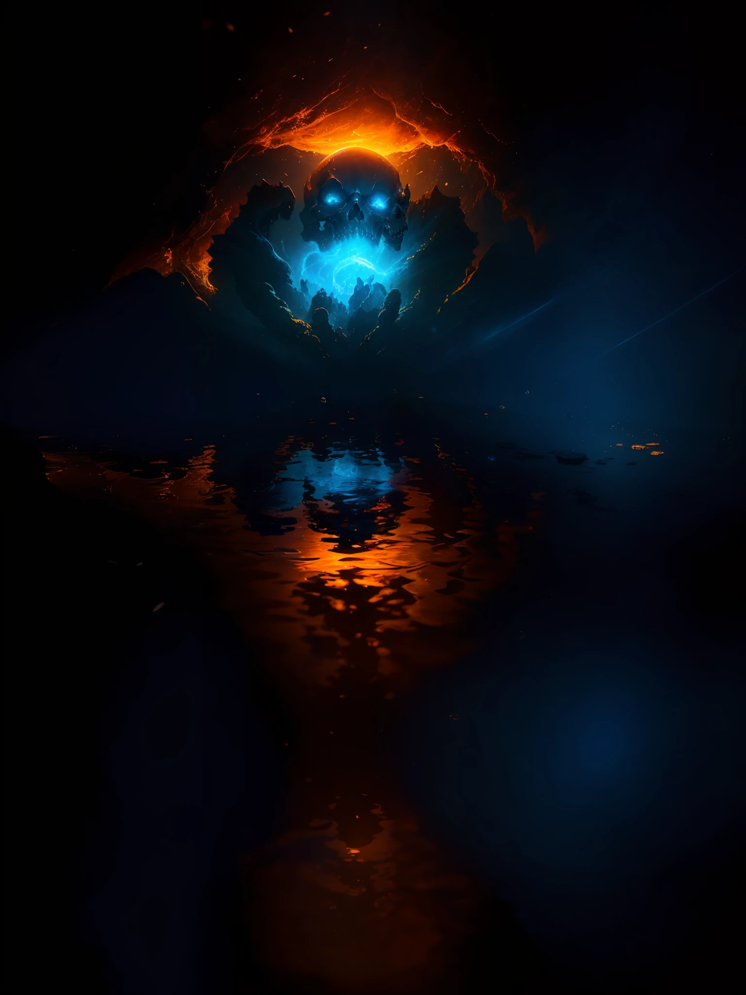 Movie scene, half-length close-up shot of a skeleton mage, he wears a blue robe, a brilliant gold head ring, decayed to the skeleton, is releasing death ripples, distorted space, distorted undead in the background, lens flare, light Shafts, intricate details, very detailed, volumetric lighting, 4k rendering, gorgeous and beautiful reflections, hyper realistic, realistic textures, dramatic lighting, Unreal Engine