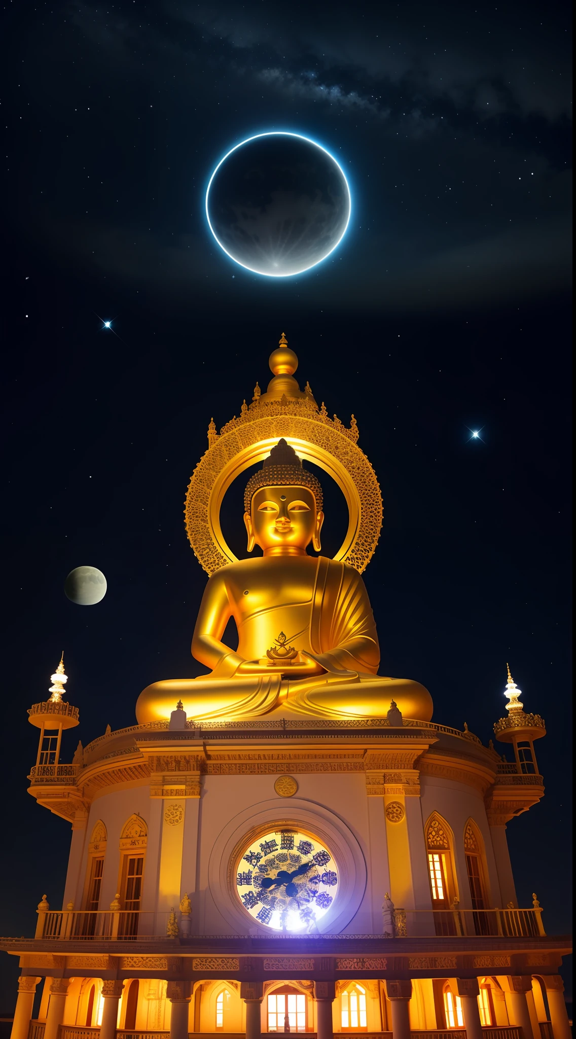 Maitreya, Maitreya Buddha, Maitreya, a large golden Buddha statue sitting in a room with a blue ceiling and a background of blue sky, clouds, above_clouds, airship, aurora, bridge, building, castle, chimney, city, city_lights, cityscape , clock, clock tower, clouds, cloudy sky, constellations, crescent, desert, earth_\(planet\), fireworks, floating islands, fountains, galaxies, glowing, houses, islands, lampposts, lanterns, light particles , galaxy, moon, mountain, night, night sky, no_humans, planet, landscape, meteor, sky, skyline, skyscraper, snow, snowing, space, star_\(sky\), star_\(symbol\), starry_sky, starry_sky_print, telescope, tower, town, twilight, ship