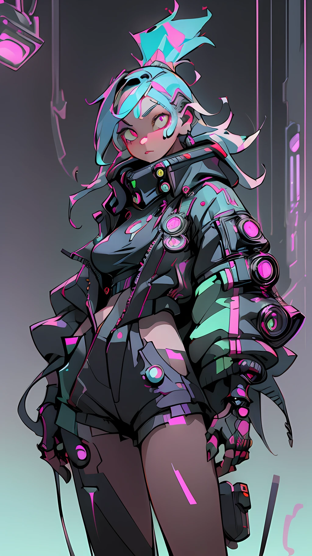 (extremely detailed CG unity 8k wallpaper, masterpiece, best quality, ultra-detailed), (best illumination, best shadow, an extremely delicate and beautiful), floating, dynamic angle, (1girl), (cyberpunk style, neon lights), (red:1.3 + purple + green:1.2 + blue:0.9) hair, (cyberpunk attire:1.3), metallic silver accessories, glowing eyes, high resolution,3D art, in the style of unreal engine 5