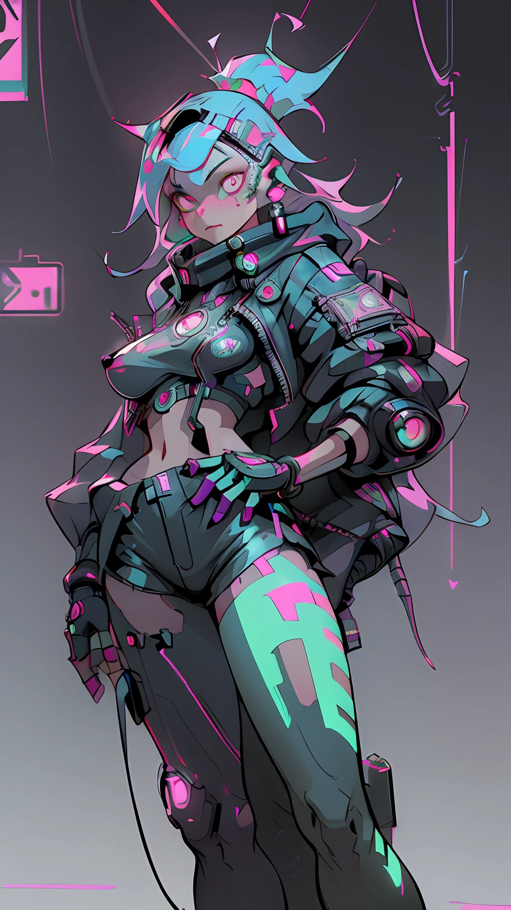 (extremely detailed CG unity 8k wallpaper, masterpiece, best quality, ultra-detailed), (best illumination, best shadow, an extremely delicate and beautiful), floating, dynamic angle, (1girl), (cyberpunk style, neon lights), (red:1.3 + purple + green:1.2 + blue:0.9) hair, (cyberpunk attire:1.3), metallic silver accessories, glowing eyes, high resolution,3D art, in the style of unreal engine 5