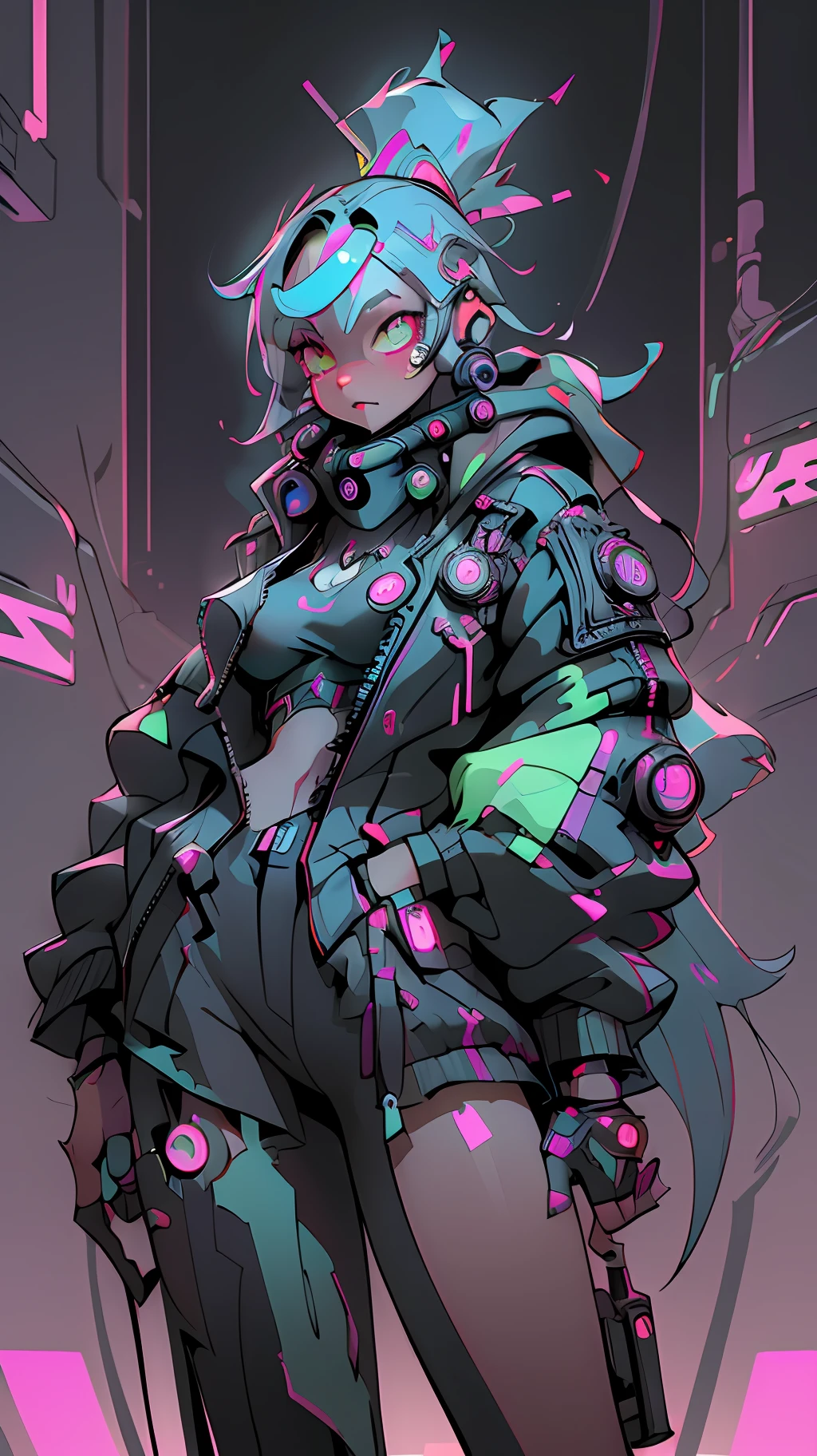 (extremely detailed CG unity 8k wallpaper, masterpiece, best quality, ultra-detailed), (best illumination, best shadow, an extremely delicate and beautiful), floating, dynamic angle, (1girl), (cyberpunk style, neon lights), (red:1.3 + purple + green:1.2 + blue:0.9) hair, (cyberpunk attire:1.3), metallic silver accessories, glowing eyes, high resolution,3D art, in the style of unreal engine 5