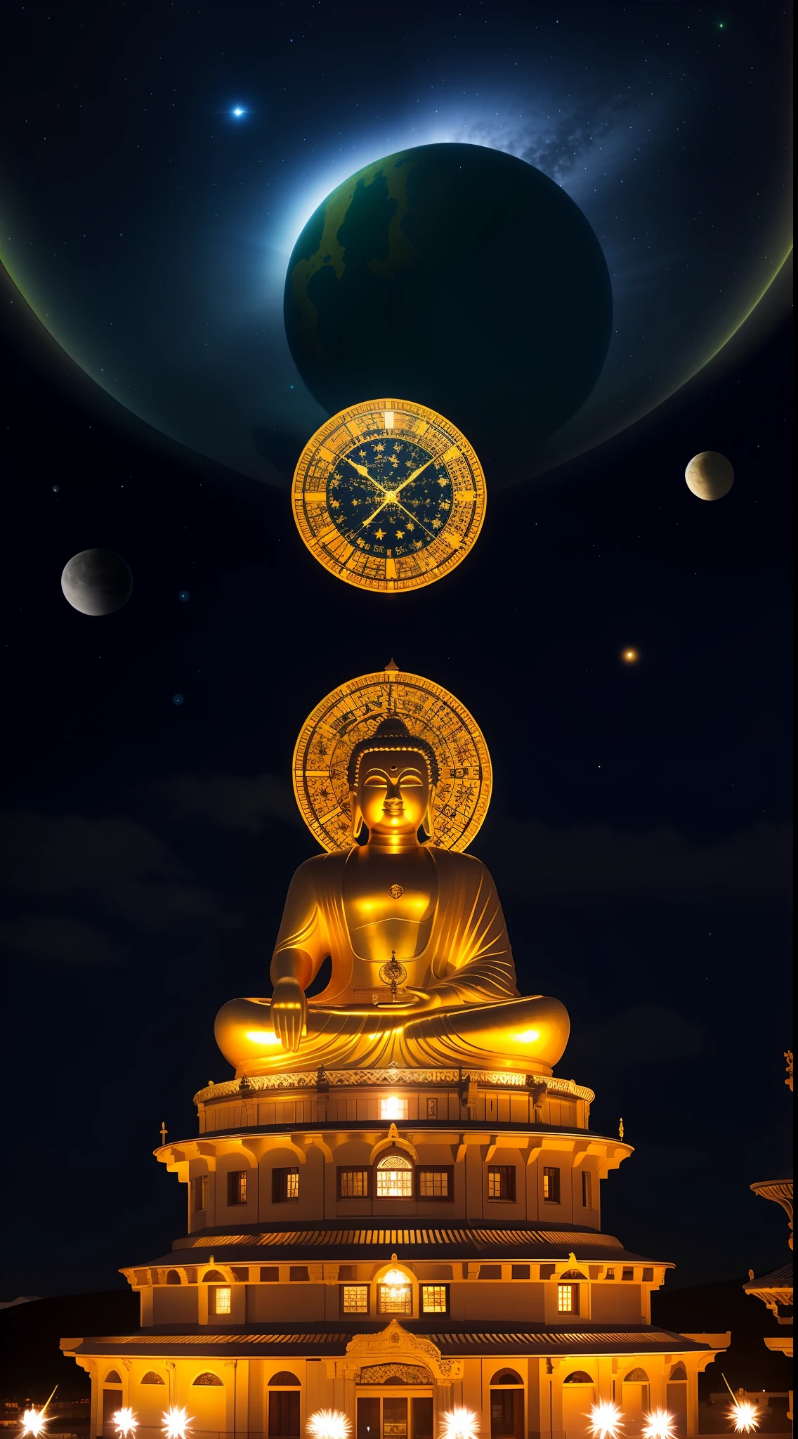 Maitreya, Maitreya Buddha, Maitreya, a large golden Buddha statue sitting in a room with a blue ceiling and a background of blue sky, clouds, above_clouds, airship, aurora, bridge, building, castle, chimney, city, city_lights, cityscape , clock, clock tower, clouds, cloudy sky, constellations, crescent, desert, earth_\(planet\), fireworks, floating islands, fountains, galaxies, glowing, houses, islands, lampposts, lanterns, light particles , galaxy, moon, mountain, night, night sky, no_humans, planet, landscape, meteor, sky, skyline, skyscraper, snow, snowing, space, star_\(sky\), star_\(symbol\), starry_sky, starry_sky_print, telescope, tower, town, twilight, ship