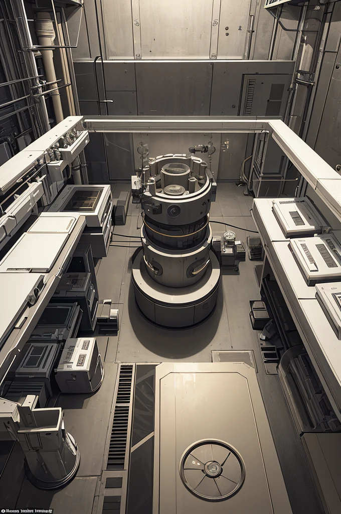(masterpiece, top quality, best quality), concept art, militaristic containment chamber, in the center of the room lies a cylindrical apparatus that is surrounded by robotic arms, various scientists and workers are bustling about the area near the chamber