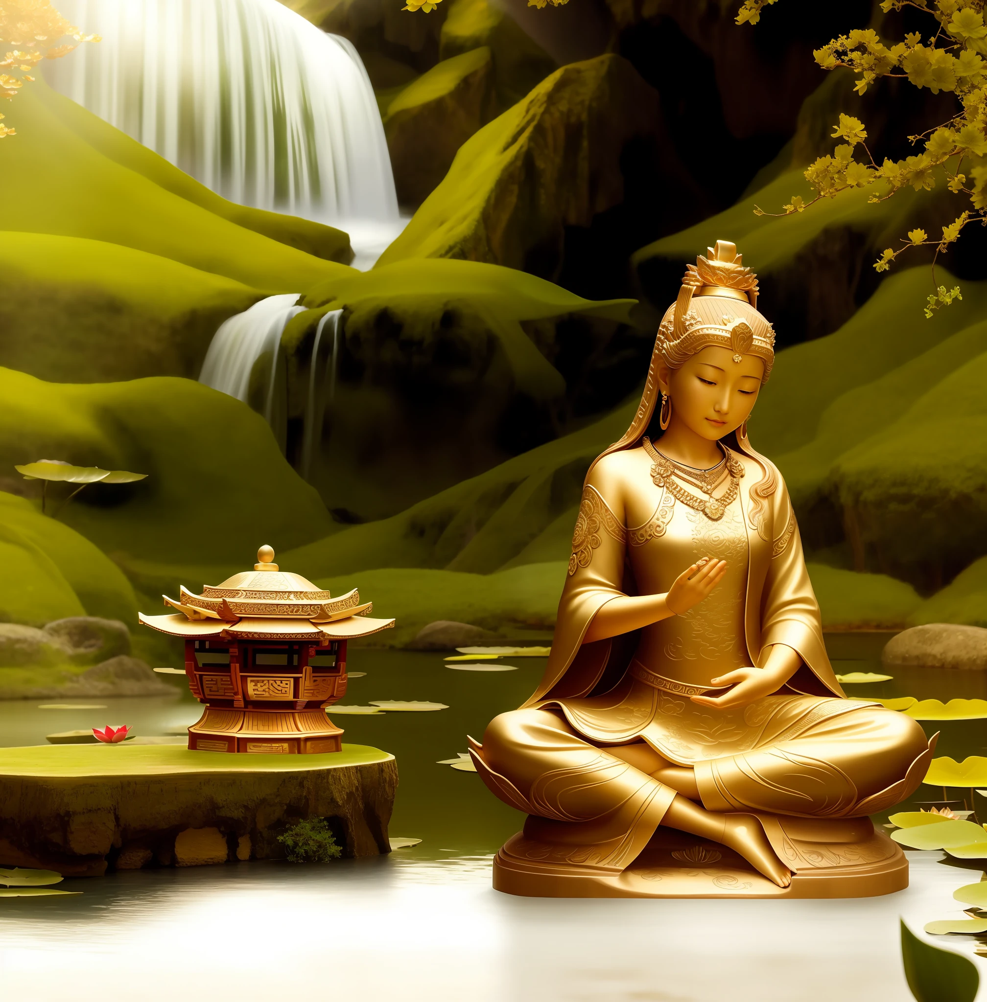 Avalokitesvara sits on a lotus pedestal, Avalokitesvara, Avalokitesvara, Chinese temples scattered in a forest not far away, with waterfalls pouring into lakes or streams in the background, mountains and a small splendid lake in the background, lotus flowers in the foreground, crystal clear Well-defined fingers, well-defined toes, well-defined features, jewelry, leaves, lilies, water lilies, necklaces, plants, solo, Chinese temples, paths, cherry blossoms, sharp focus, sun rays, sparkling ripples, wind ripples, super high detail, real photo, intricate detail, perfect composition, beautiful intricate detail, 8k photography, photorealism, masterpiece, real photo, image enhancement, image postprocessing, image retouching