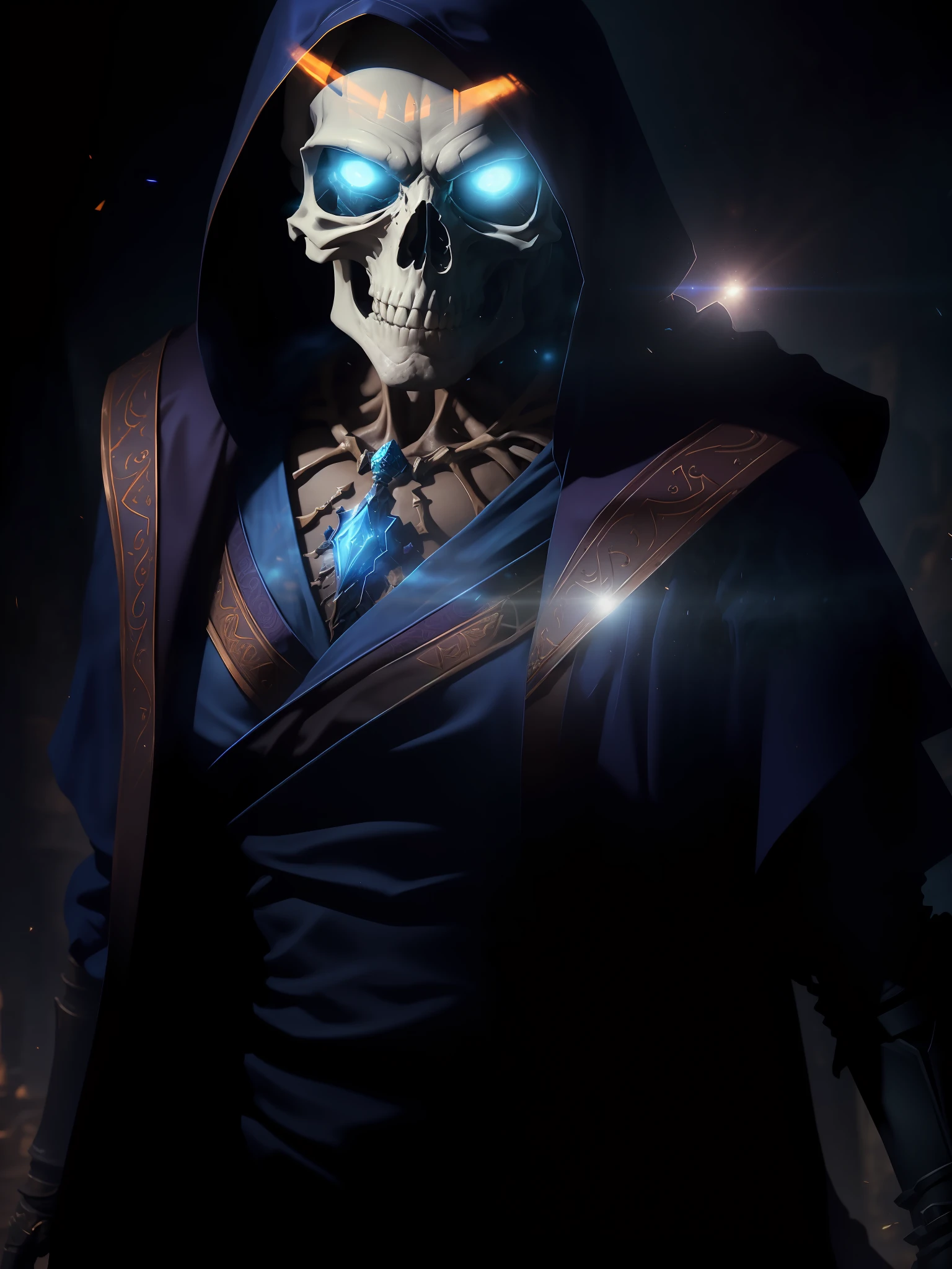 Movie scene, half body close-up shot of a skeleton mage, he is wearing a blue robe with all kinds of jewelry all over his body, rotted to the point where only skeletons remain, releasing death ripples, distorted space, distorted undead in the background, lens flare, Light shafts, intricate details, highly detailed, volumetric lighting, 4k rendering, stock photo, hyper realistic, realistic textures, dramatic lighting, Unreal Engine