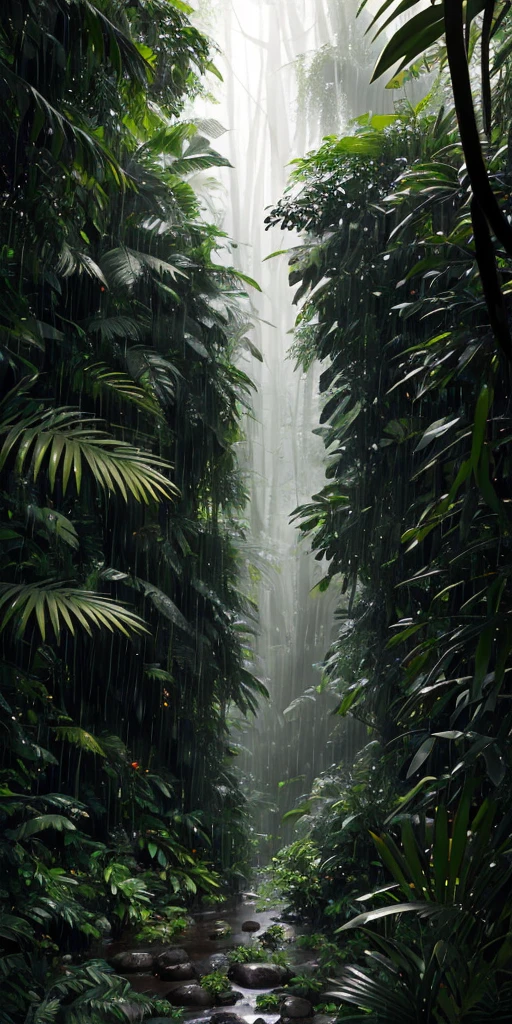 Jungle, heavy rainfall, monochrome, vines everywhere, huge and humid trees, masterpiece, best quality, high quality, very detailed CG unified 8k wallpaper, oil painting, award-winning photography, bokeh, depth of field, HDR, bloom, color difference, realism, very detailed, trends on artstation, trends on CGSociety, intricate, high detail, drama, midjourney art, volumetric lighting