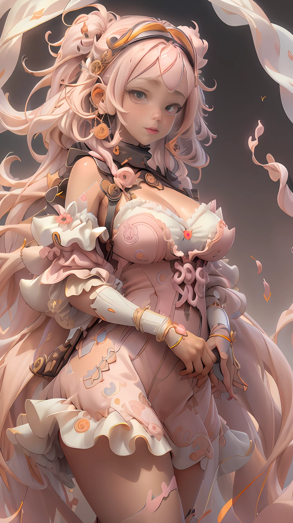 (extremely detailed CG unity 8k wallpaper,masterpiece, best quality, ultra-detailed),(best illumination, best shadow, an extremely delicate and beautiful), floating, high saturation, ((1girl)), cute, charming, bright eyes, rosy cheeks, smiling, pink blush, (long pink hair), hairband, delicate jewelry, white dress, tulle, playful, (cleavage), long shot.