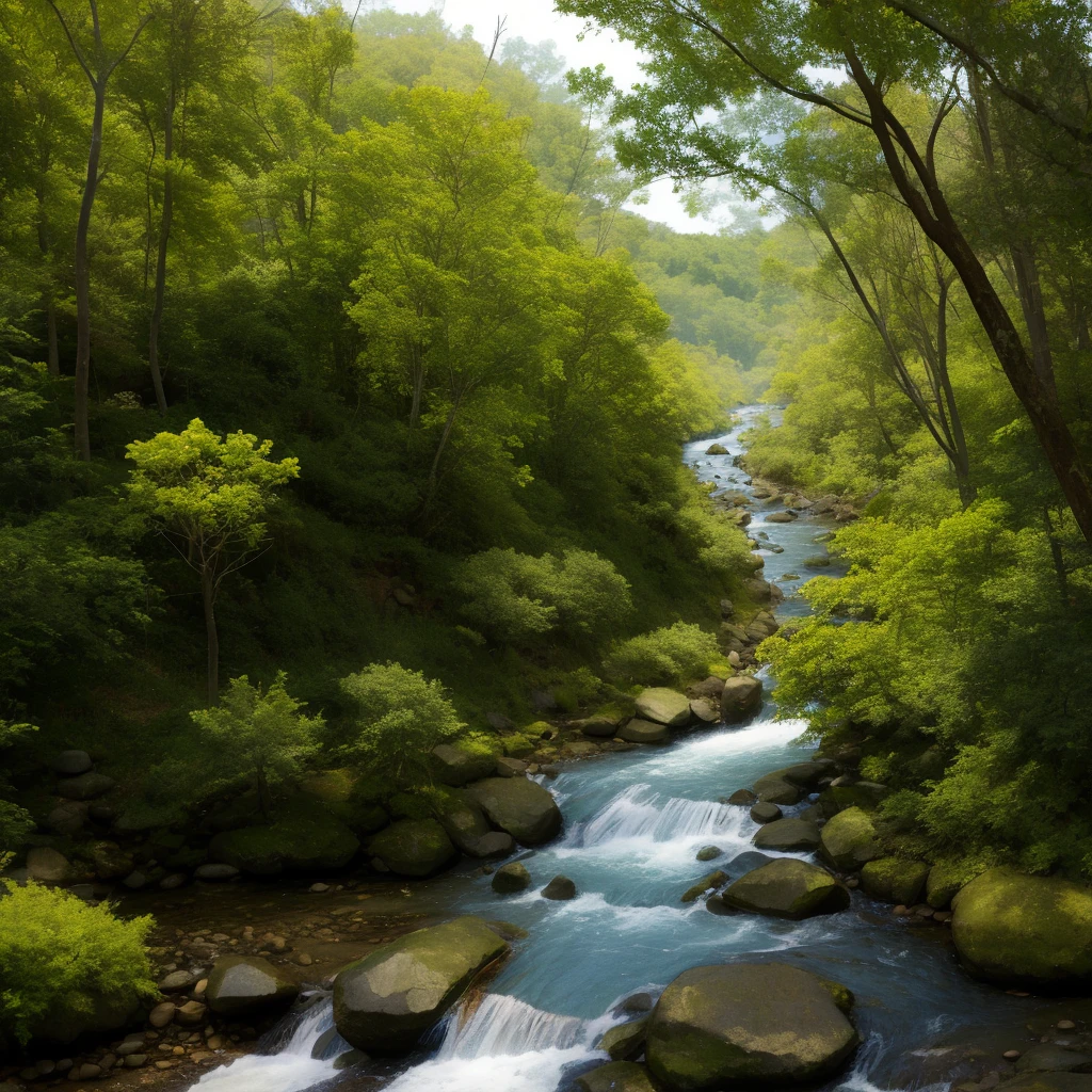 hill, forest, river, summew