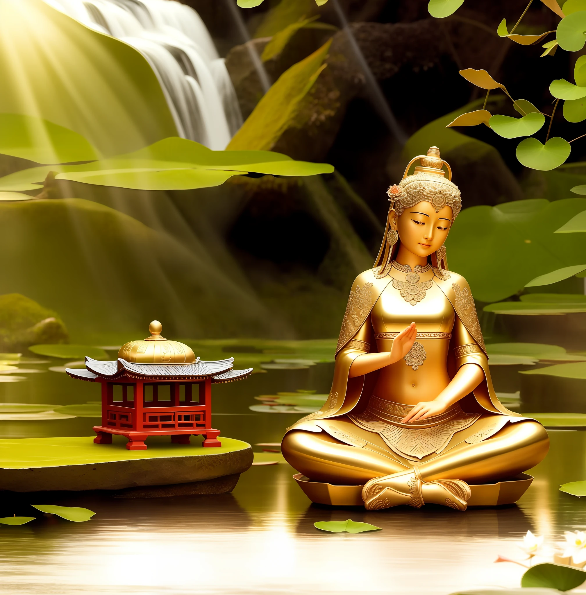 Avalokitesvara sits on a lotus pedestal, Avalokitesvara, Avalokitesvara, Chinese temples scattered in a forest not far away, with waterfalls pouring into lakes or streams in the background, mountains and a small splendid lake in the background, lotus flowers in the foreground, crystal clear Well-defined fingers, well-defined toes, well-defined features, jewelry, leaves, lilies, water lilies, necklaces, plants, solo, Chinese temples, paths, cherry blossoms, sharp focus, sun rays, sparkling ripples, wind ripples, super high detail, real photo, intricate detail, perfect composition, beautiful intricate detail, 8k photography, photorealism, masterpiece, real photo, image enhancement, image postprocessing, image retouching