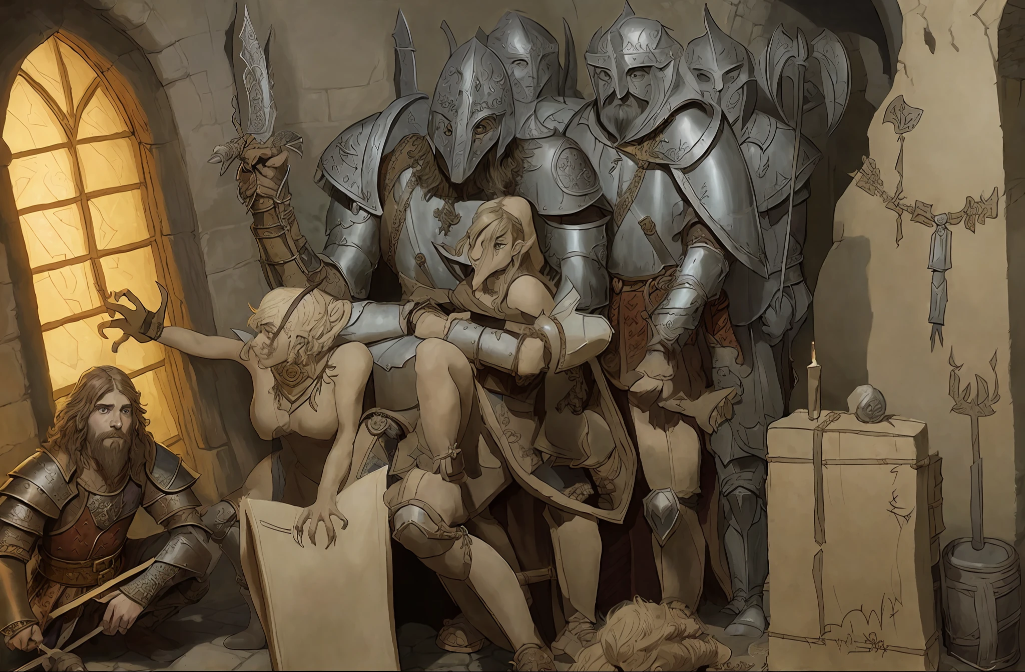 Group of people, medieval d&d mood, dnd art, highly detailed fine fan art from dungeons and dragons, detailed but, dungeons and dragons style, dungeons and dragons art, medieval dnd, dungeons and dragons characters, in sketch Graffiti found on the book, Imogen Poots as a d&d paladin, extremely detailed