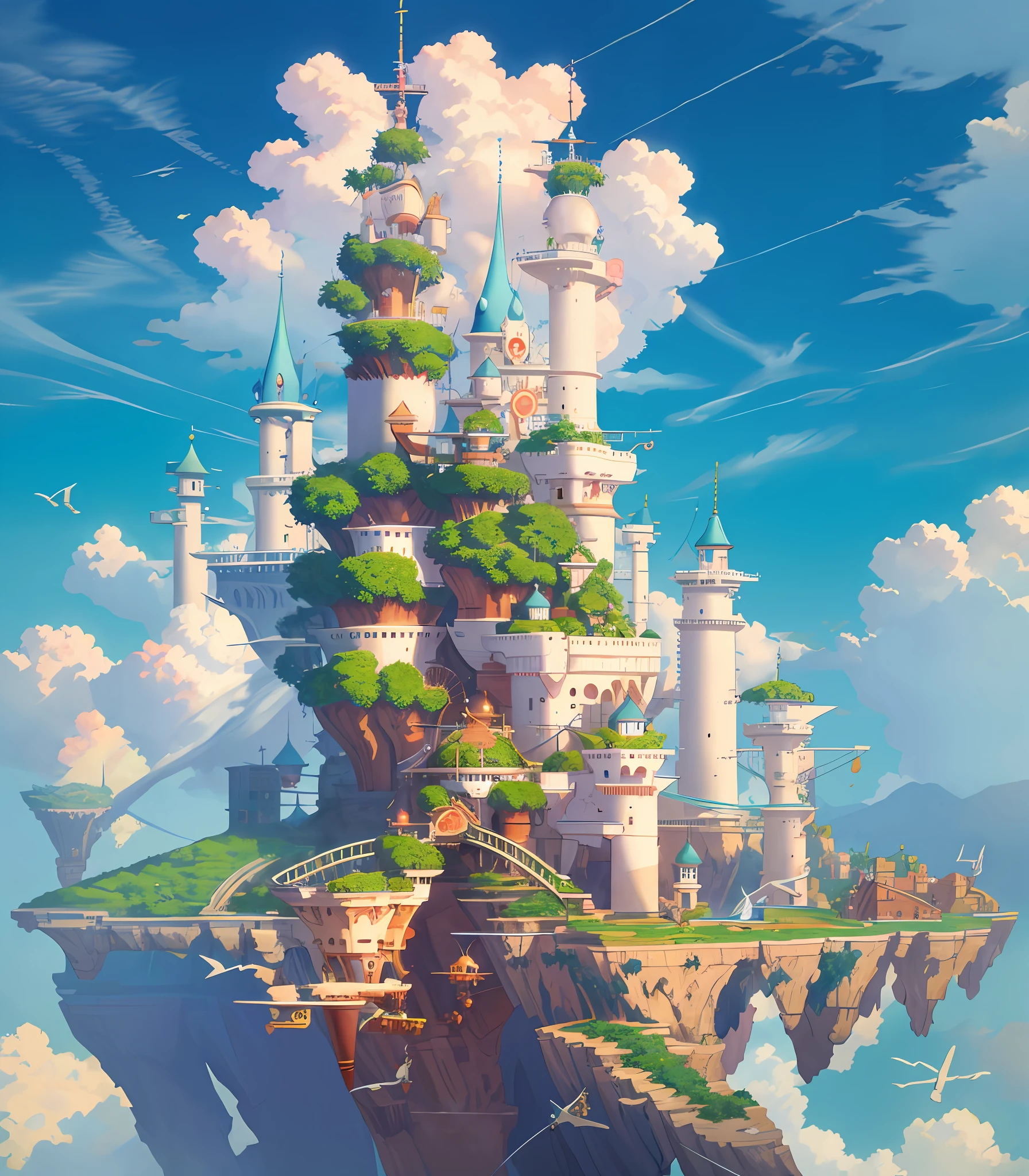 Many islands suspended in the air, Hayao Miyazaki, city, fantasy, magical plant growth, extreme detail, realistic light, epic composition, (intricate detail), (intricate design, ultra-detail: 1.2), art station , (Masterpiece, Best Quality), Ultra HD, 32k --v 6