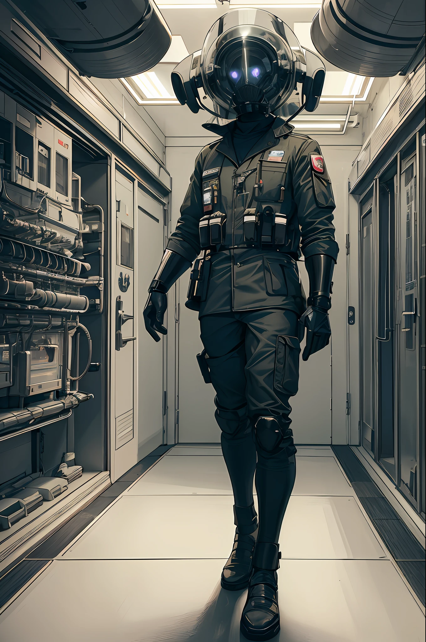 (masterpiece, top quality, best quality), concept art, exapsnive militaristic containment chamber, in the center of the room lies a ominous glowing cylindrical apparatus that is surrounded by mechanical factory arms, various scientists soldiers bustling about the area near the chamber, (people, lab coat), slightly dark room,