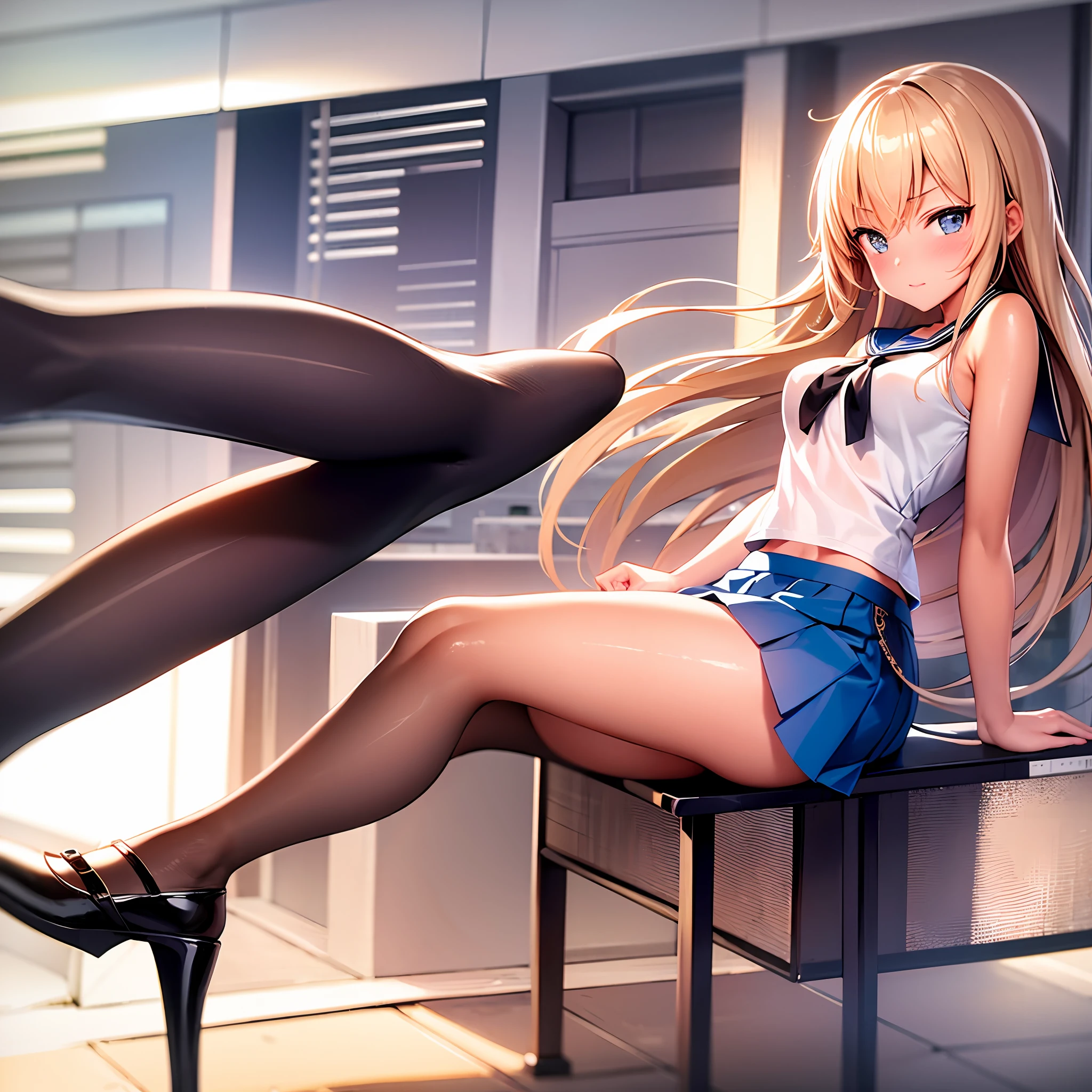 ((masterpeice, best quality)) perfect face, cinematic lighting, 1girl, solo, (tanned skin:1.2), (streets with tall buildings:0.7), (long hair), (blond hair, green eyes:0.7), sailor clothes, holding shoulder bag, (running shoes:0.7), big breast, sitting on a bench alone, perfect face, beautiful face, beautiful eyes, (rib, slim body:1.3) (black stockings:!1.2), looking at viewer, blush, wearing blue skirt